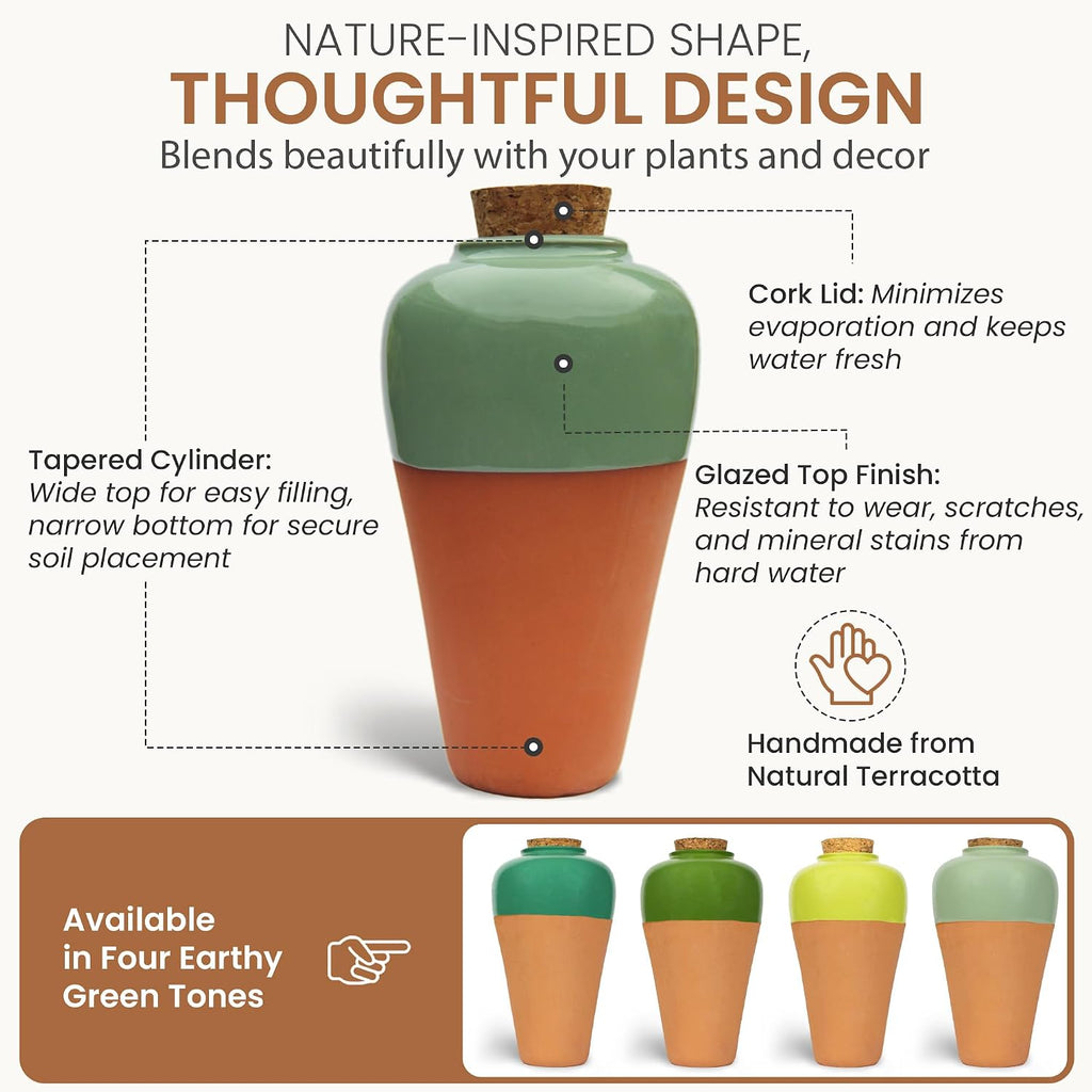 Terracotta Self Watering Planter Insert - Set of 4 Clay Ollas with Slim Bottom for Easy Soil Insertion, Glazed Top