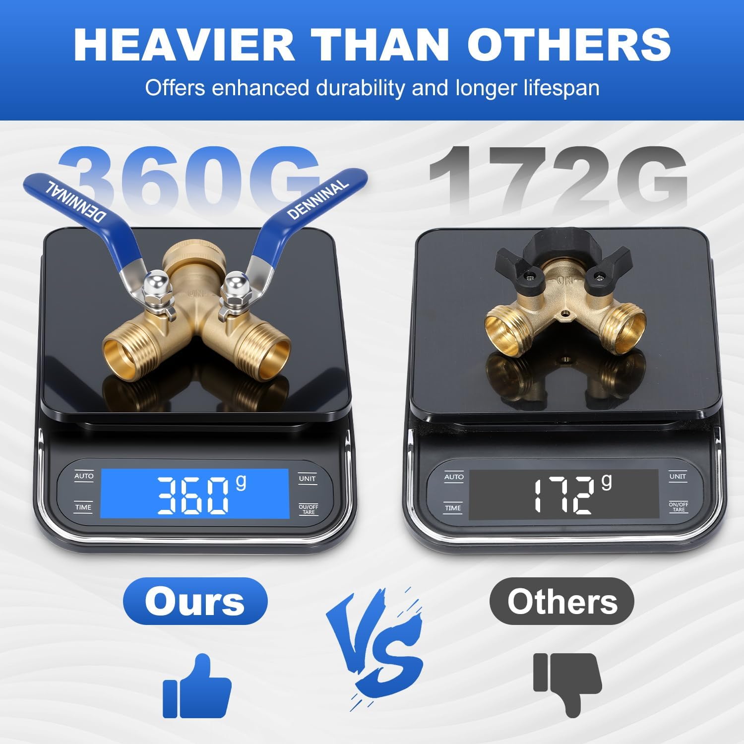 Brass Garden Hose Splitter 2 Way Heavy Duty, Safe Water Hose Splitter with 304 Stainless Steel Long Handle, Outdoor