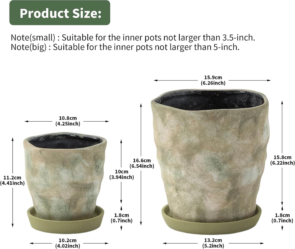 4+6 Inch Ceramic Planter Set of 2 with Drainage Hole,Saucer for Plants, Indoor-Outdoor Large Round Succulent Orchid