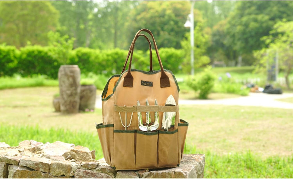 Canvas Tool Bag, 16OZ Waxed Canvas Garden Tool Tote - with 3 Inner Slots & 8 Outer Pockets & Portable Handle, Gardening