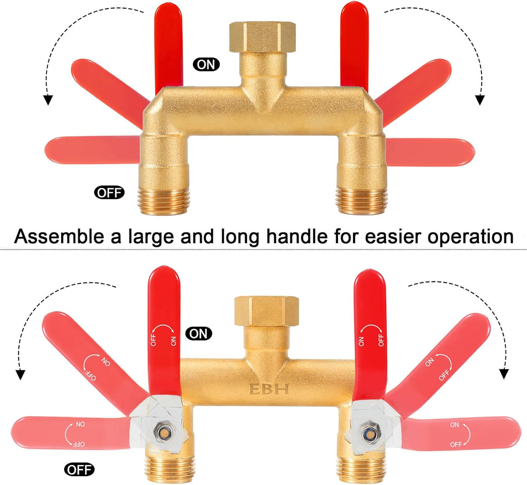 EBH Garden Hose Splitter, 2-Way Full Flow Brass Heavy Duty Outdoor Hose Manifold with Extra Long Handles Shutoff Valves
