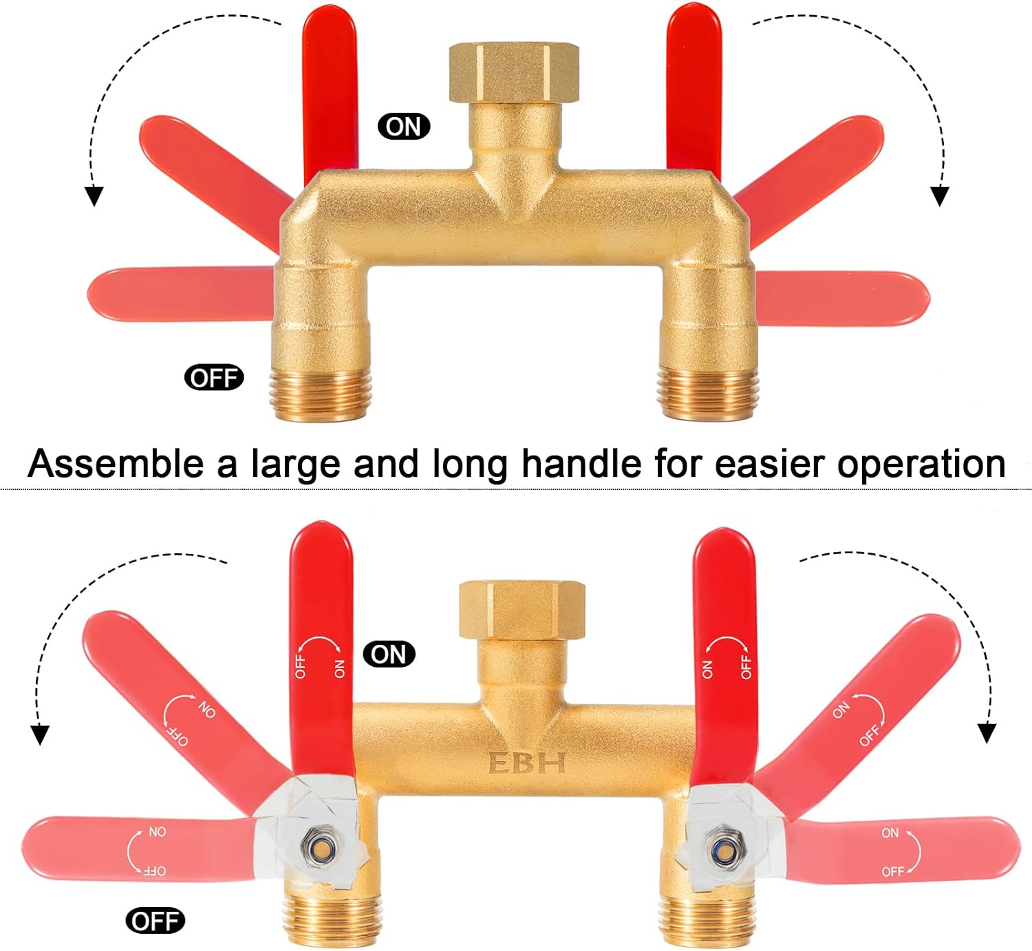 EBH Garden Hose Splitter, 2-Way Full Flow Brass Heavy Duty Outdoor Hose Manifold with Extra Long Handles Shutoff Valves