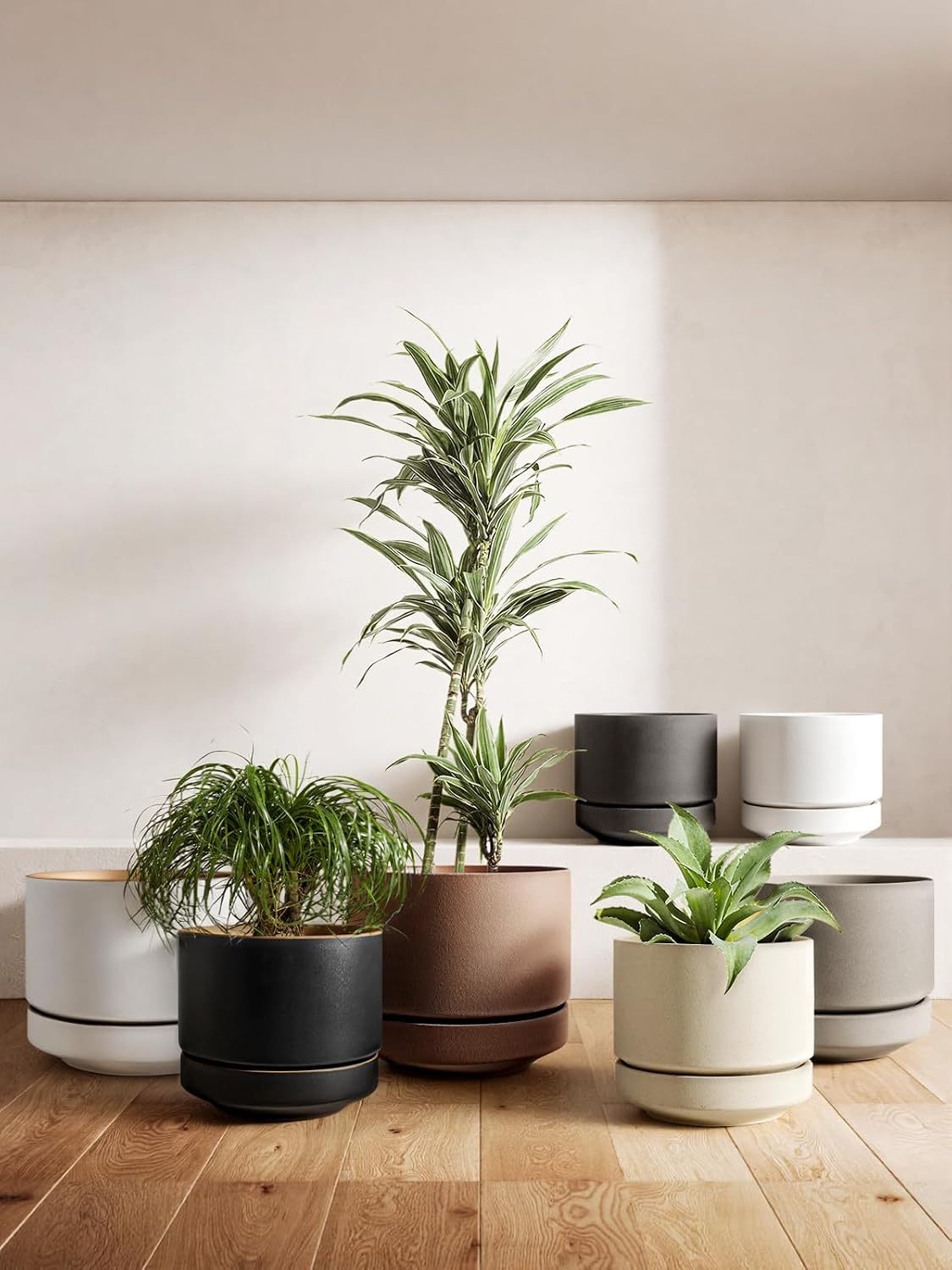 LE TAUCI 12 Inch Pot for Plants with Saucer, Ceramic Indoor Planter Pot with Drainage Hole, Mesh Pad Included, Unglazed