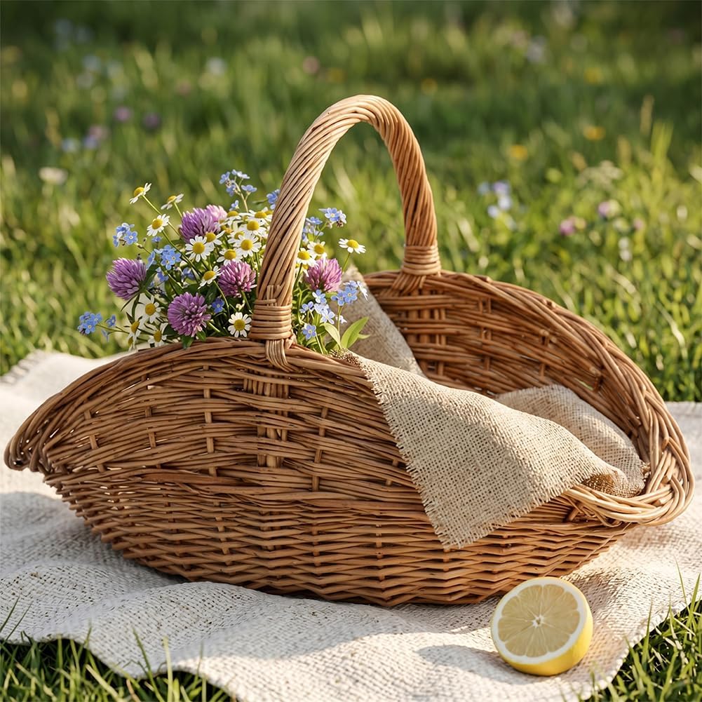 Garden Harvest Basket, Large Wicker Basket with Handle,Natural Woven Willow Storage and Picnic Baskets for Easter