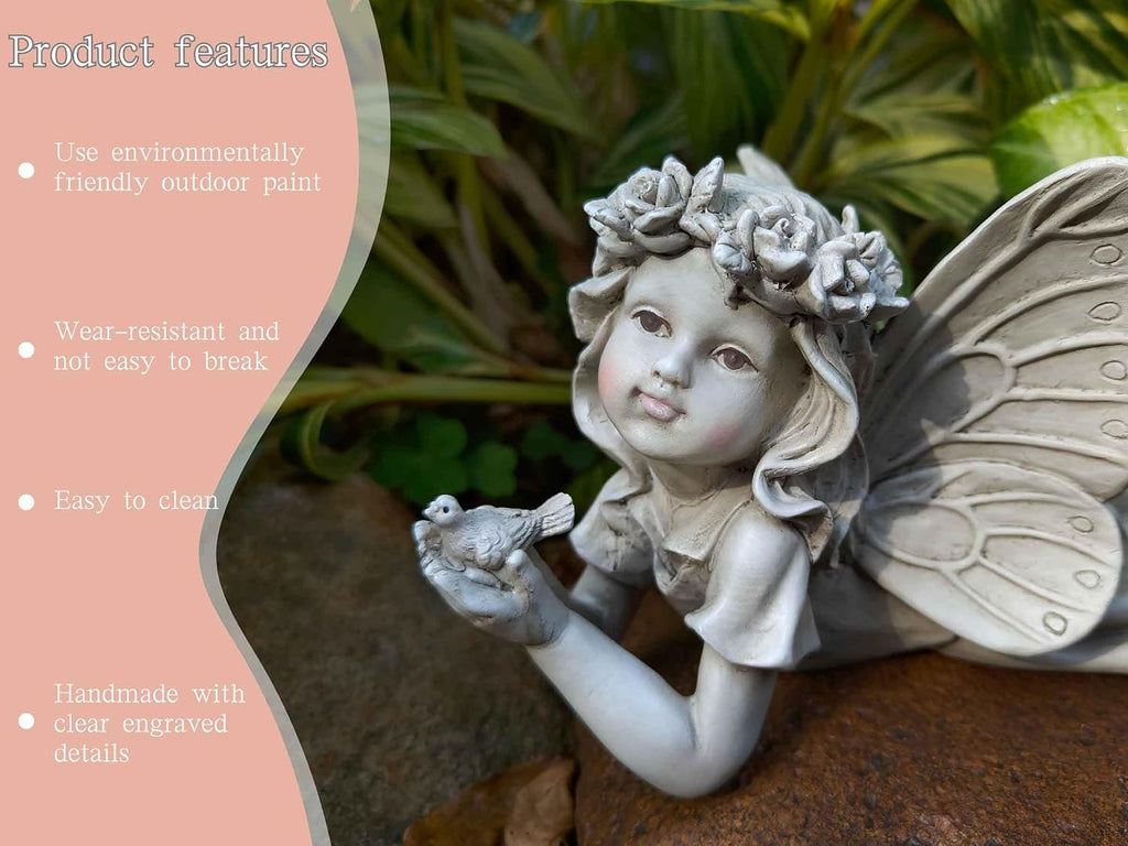 MeritMode Fairy Flower Garden Outdoor Statue - Angel Holding Bird | Hand-Painted Resin, Outdoor Angel Figurine , Flower