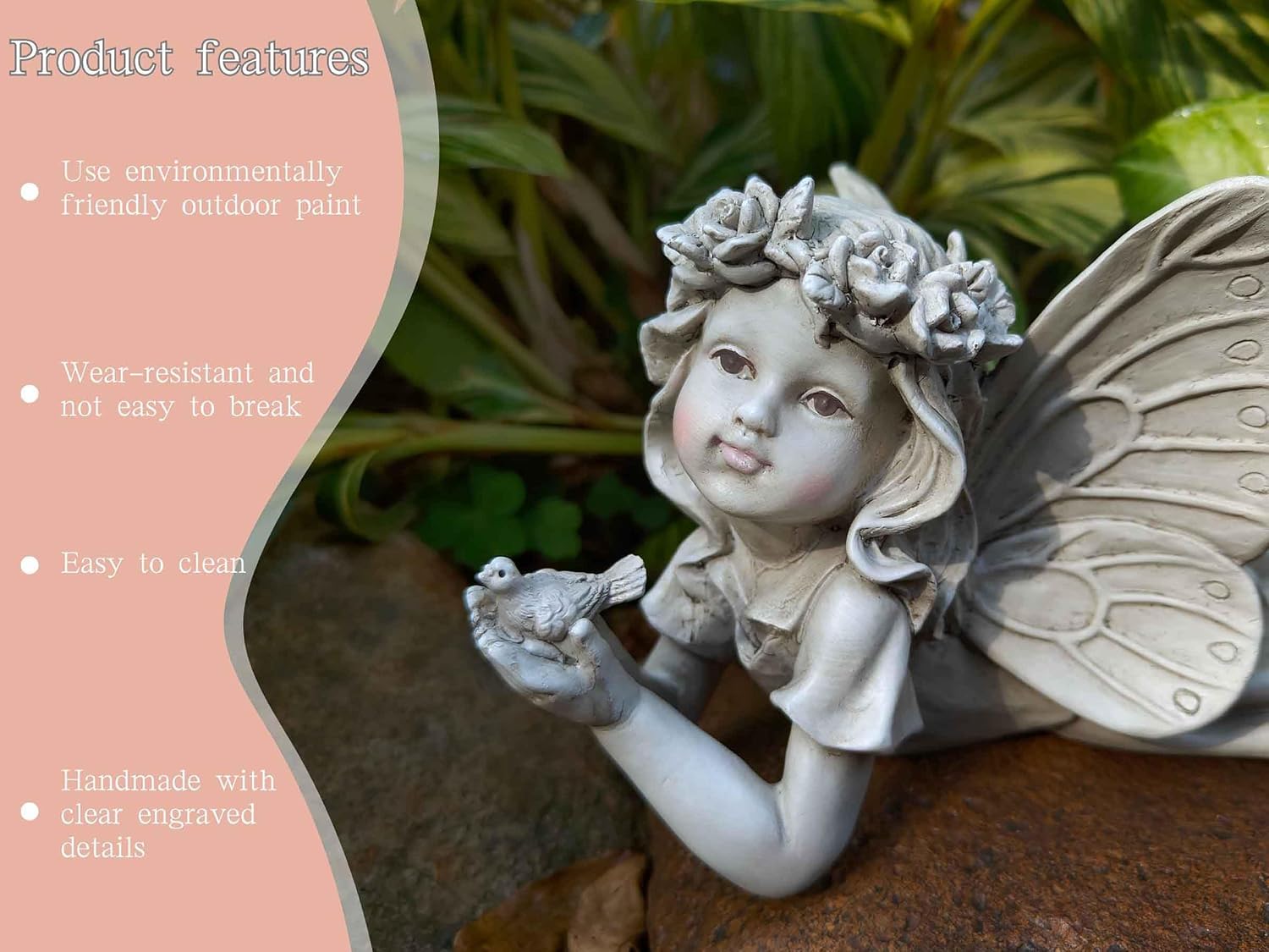 MeritMode Fairy Flower Garden Outdoor Statue - Angel Holding Bird | Hand-Painted Resin, Outdoor Angel Figurine , Flower