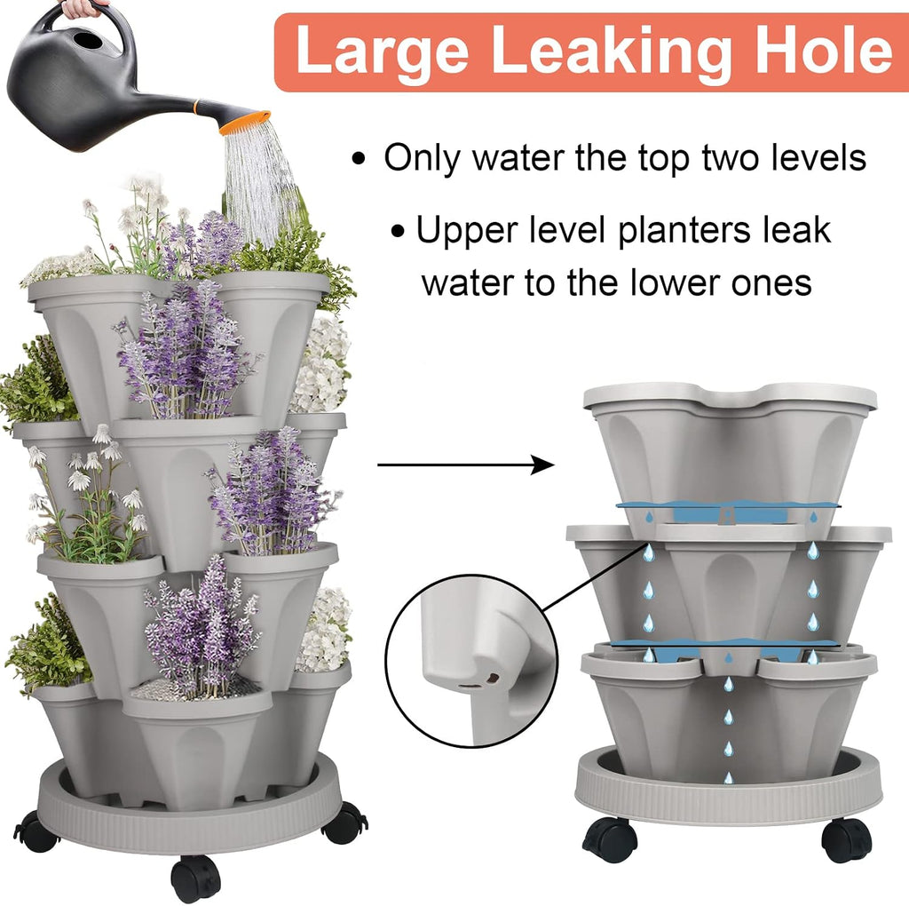 DUNCHATY Stackable Planter, Vertical Garden Planter with Wheels and Tools, Self Watering Strawberry Planter