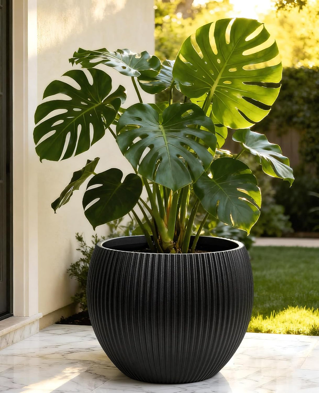 14.5 Inch Large Black Plastic Flower Pot with Drainage Plug | Thickened lightweight construction supports monstera