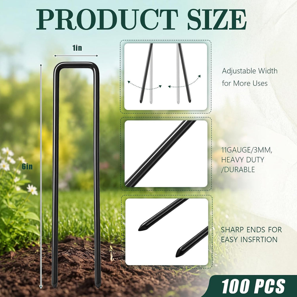 Therwen 100pcs 6 Inch Turf Stakes for Artificial Grass Black Landscape Staples Bulk Galvanized Heavy Duty Garden Stake