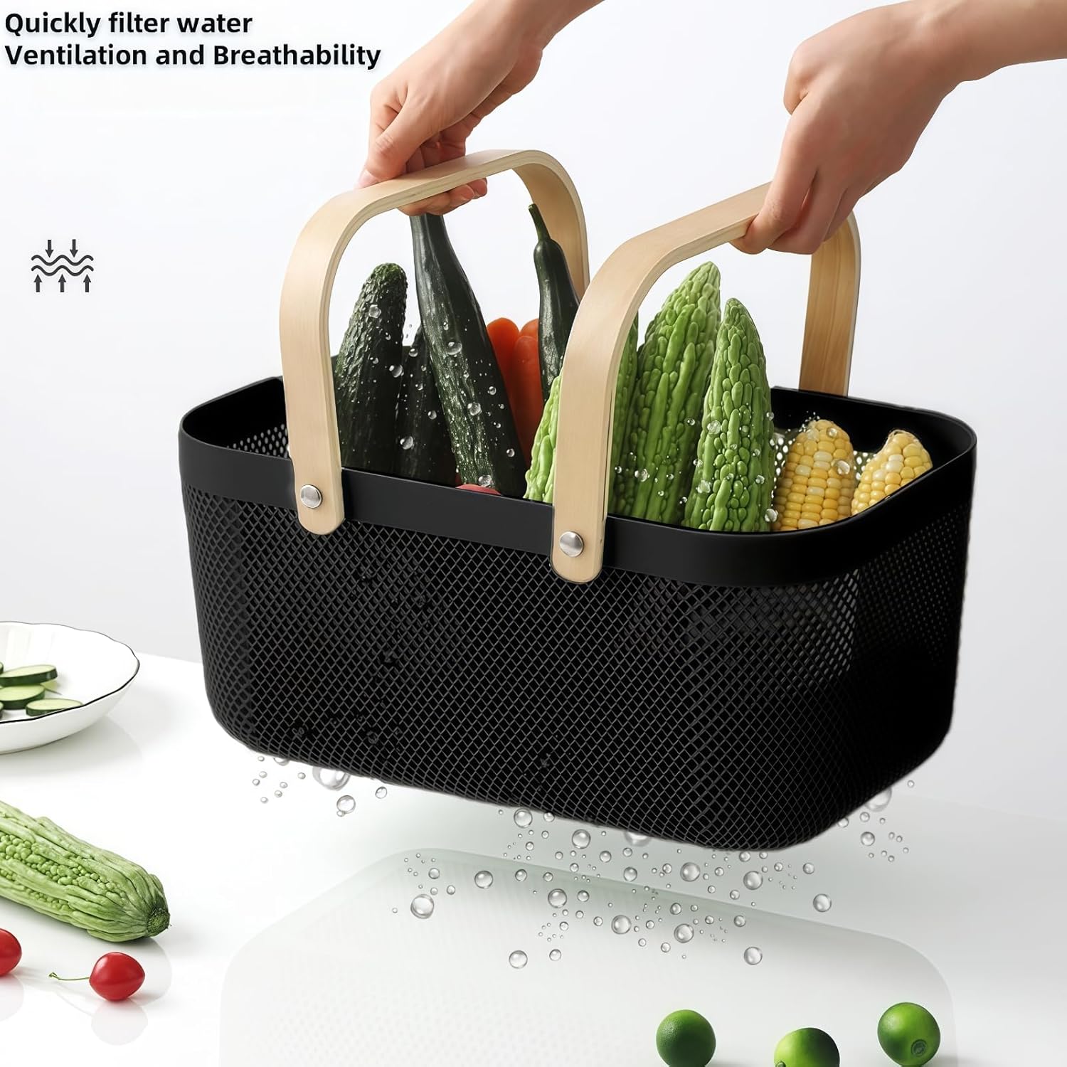 3pcs Collapsible Wooden Handle Plastic Harvest Basket - Rectangular Garden Storage Basket for Picking and Collecting