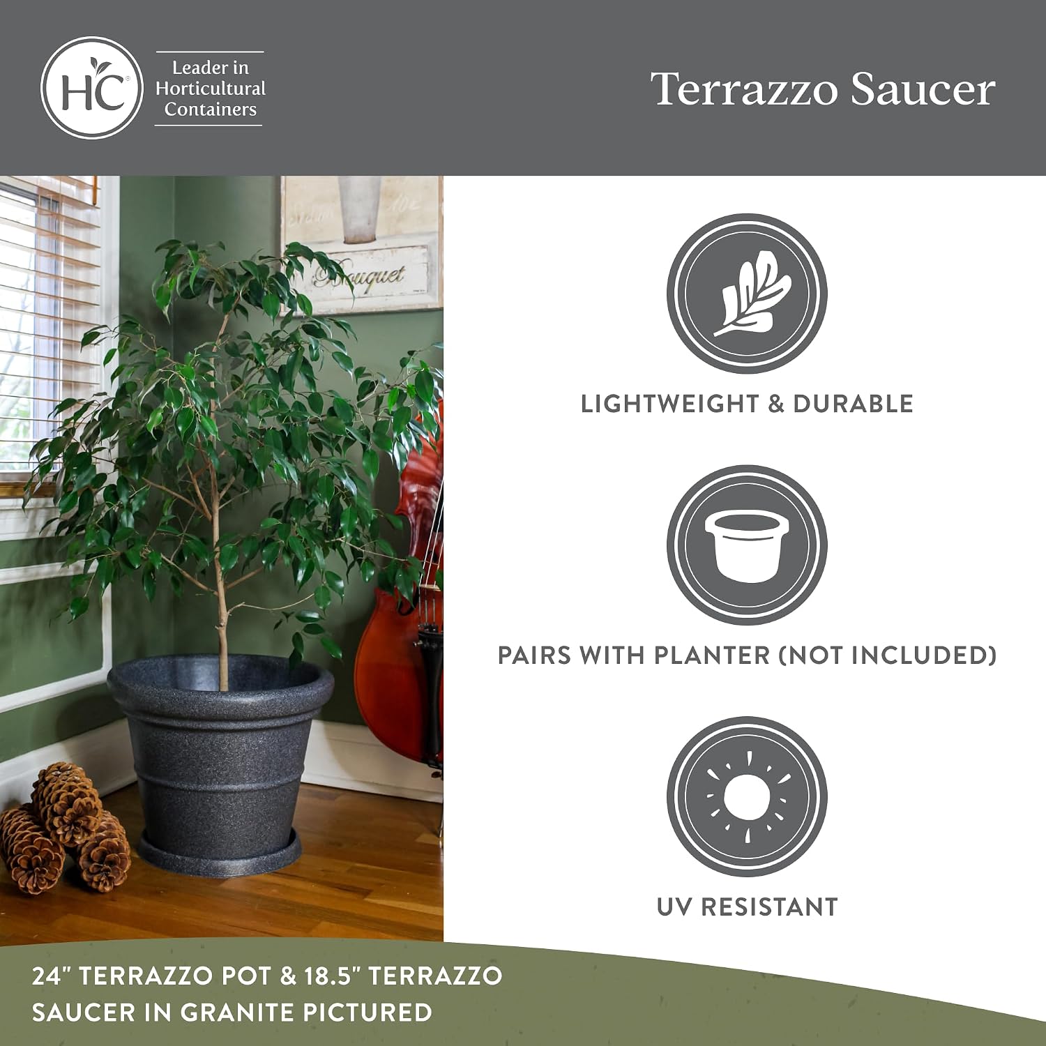 The HC Companies Terrazzo Plant Saucer, 15 Inch, Black Onyx, 1-Pack | Plastic, Lightweight, UV-Resistant, for Indoor &