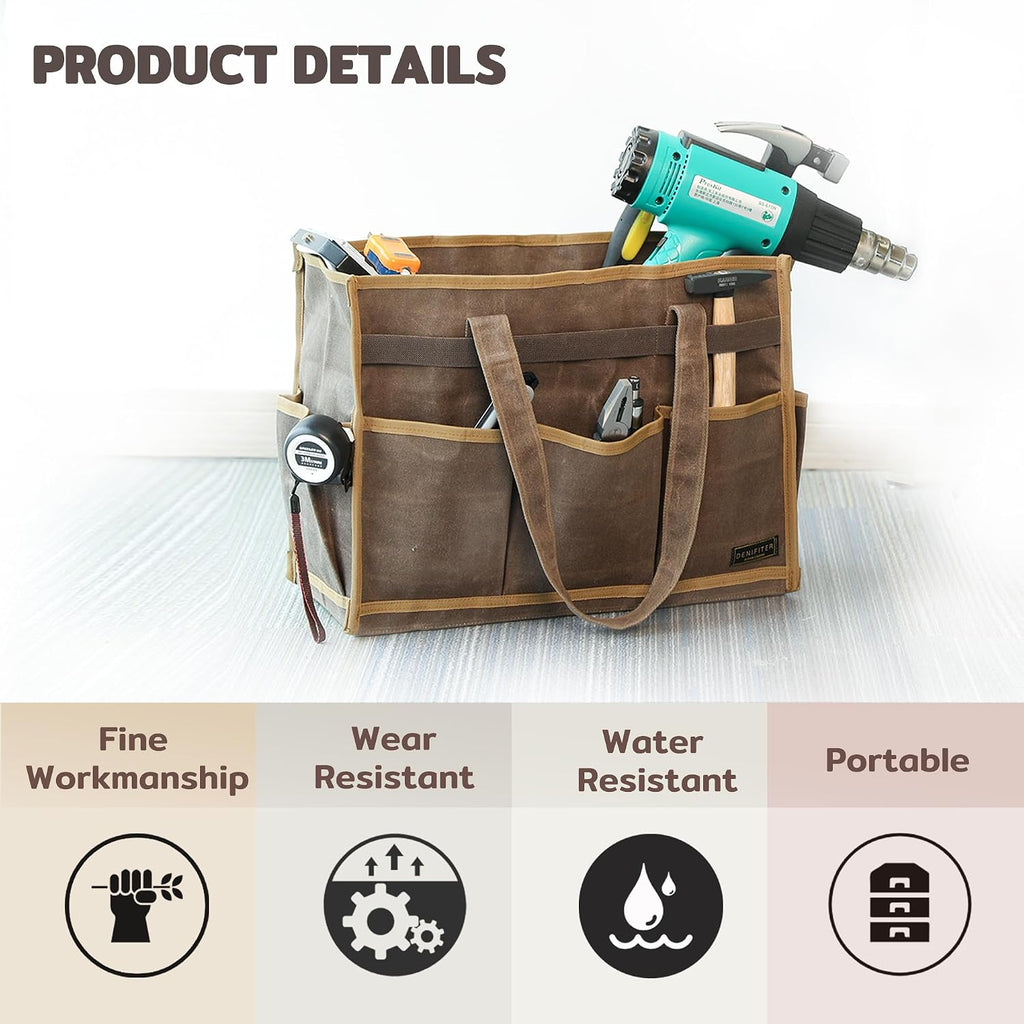 Canvas Large Tool Bag - A Large Main Pocket and 14 Insert Pockets Garden Tool Tote Bag - Durable 16oz Waxed Canvas Tool