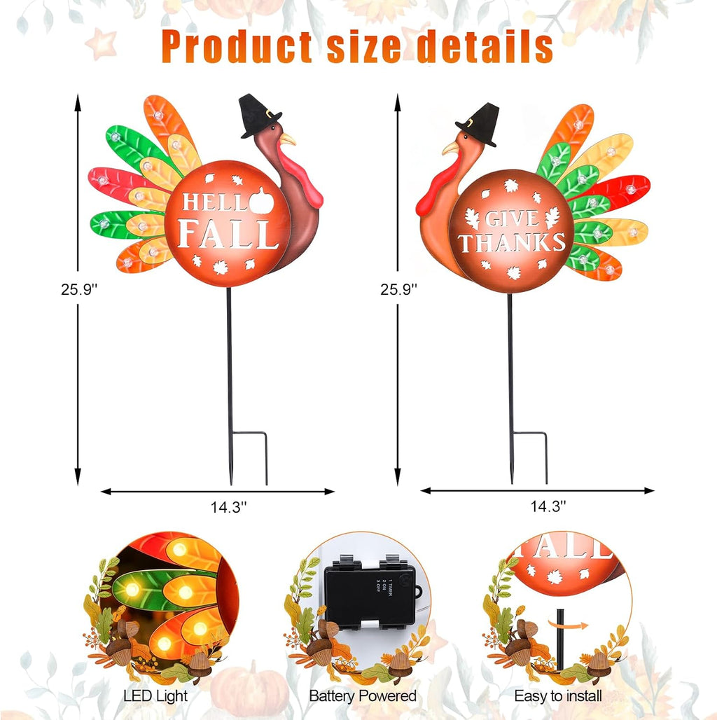 Thanksgiving Turkey Outdoor Decor for Home, 2 Pack | Harvest Fall Outside Decor, Lighted Up Turkey Metal Garden Stakes