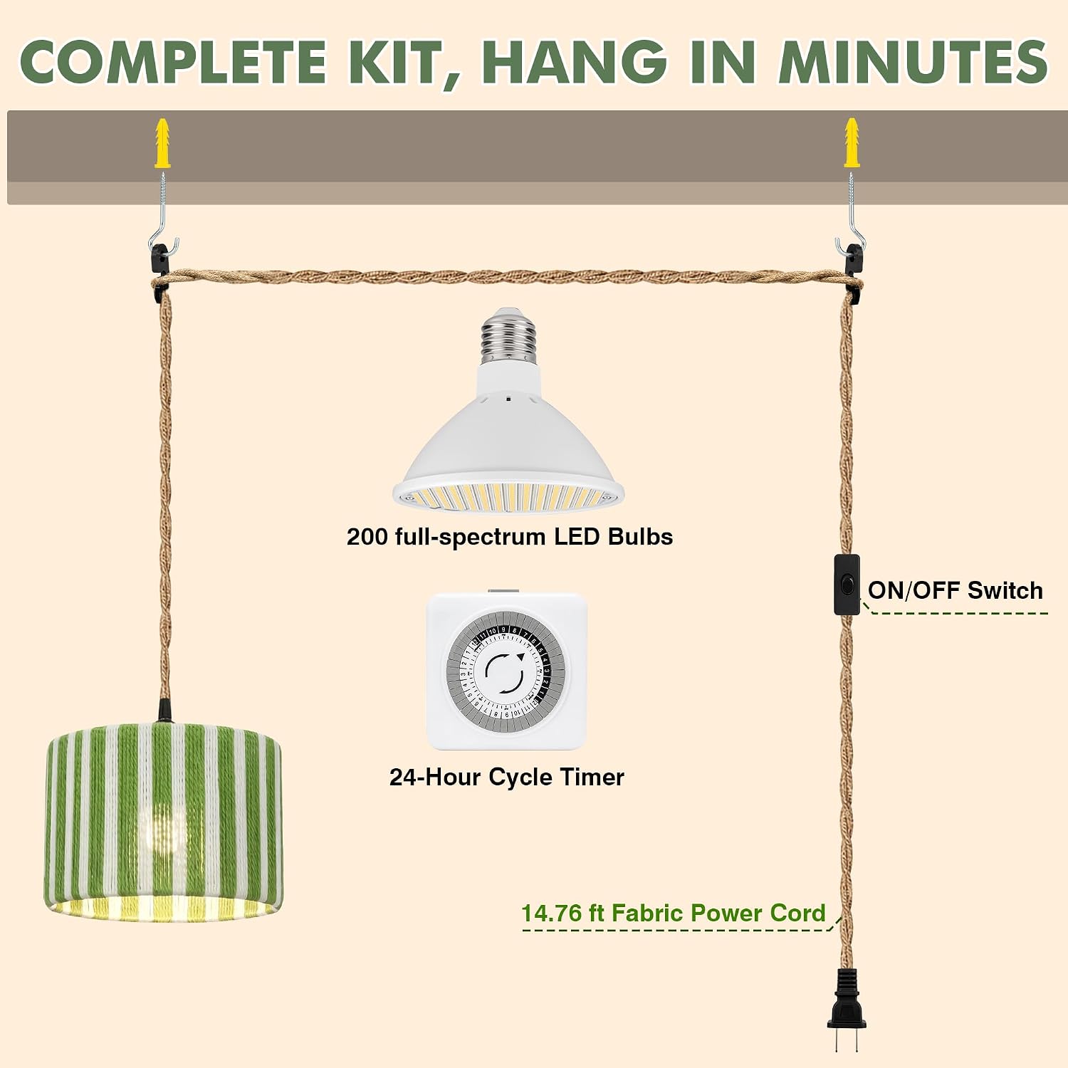 Hanging Grow Lights for Indoor Plants, Full Spectrum Plant Light with Timer | 15FT Power Cord Decorative Pendant Plant