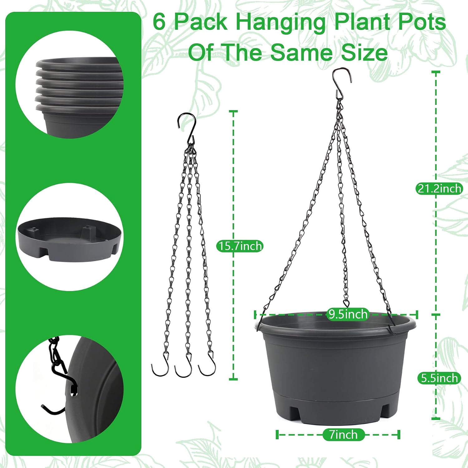 6 Pack 10 Inch Hanging Baskets for Plants Outdoor with Removable Trays | Plastic Hanging Planters with 15.7" Chain