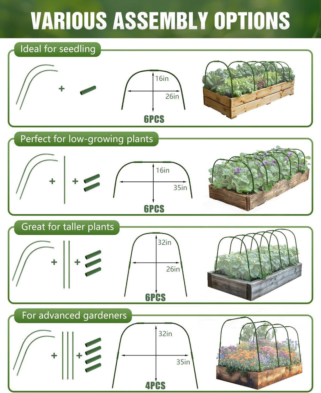 6 Sets Garden Hoops with 10x30 Ft Netting for Raised Beds, 18 Clips | 10x30 Ft Garden Net, Bird & Cicada Net for