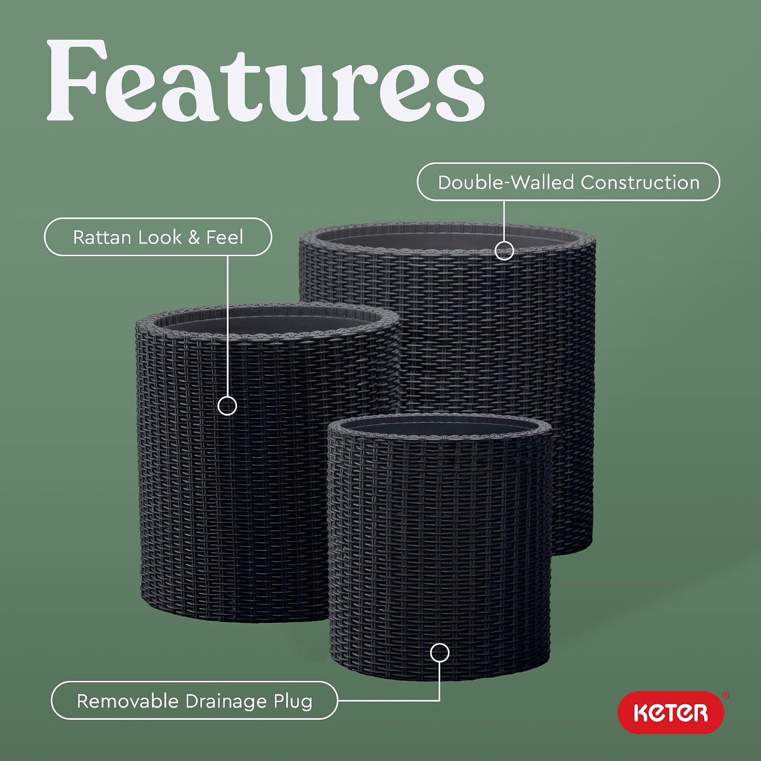 Keter Cylinder Set of 3 Rattan Resin Planter for Indoor and Outdoor Plants Ideal Decorative Planter for Porches and