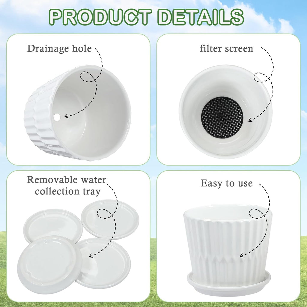 sietpoek 5.5” Ceramic Plant Pots with Drainage and Saucer 4PCs White | White Ceramic Flower Pots with Drainage Hole and
