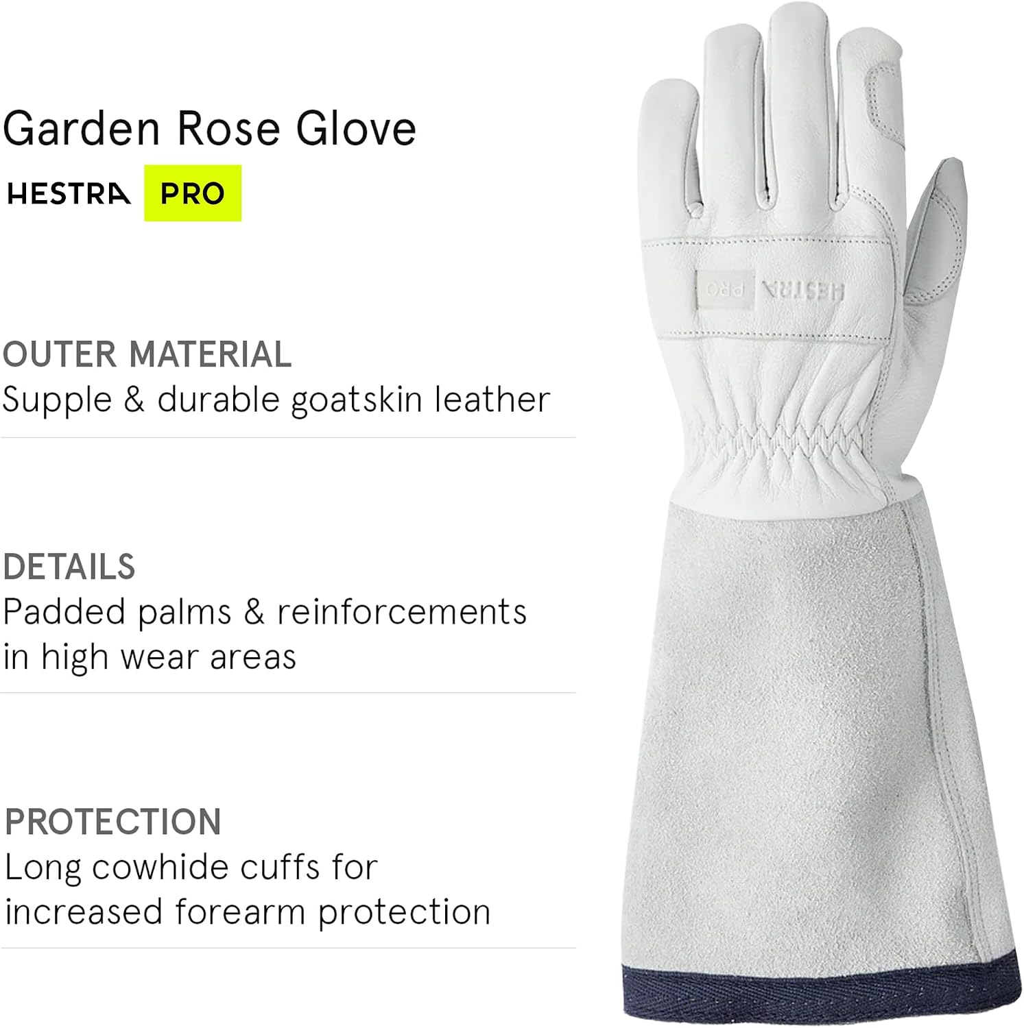 HESTRA PRO Garden Rose Glove, Long Protective Leather Gauntlet Gardening Gloves for Men & Women - Off Wht - 8