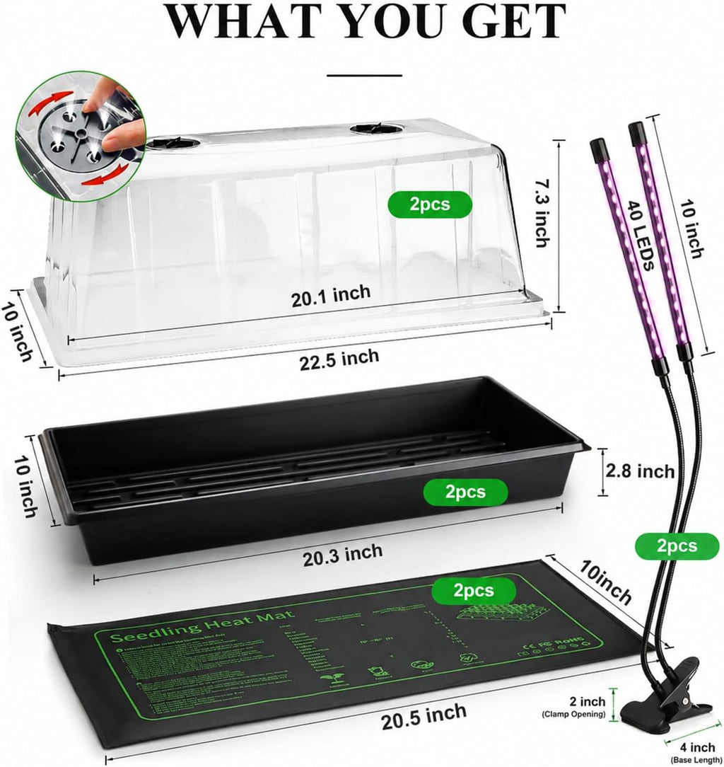 2-Pack 1020 Seed Starter Trays with Heat Mat and Clip-On Grow Light | 7.3" High Dome, Adjustable Gooseneck Light, for