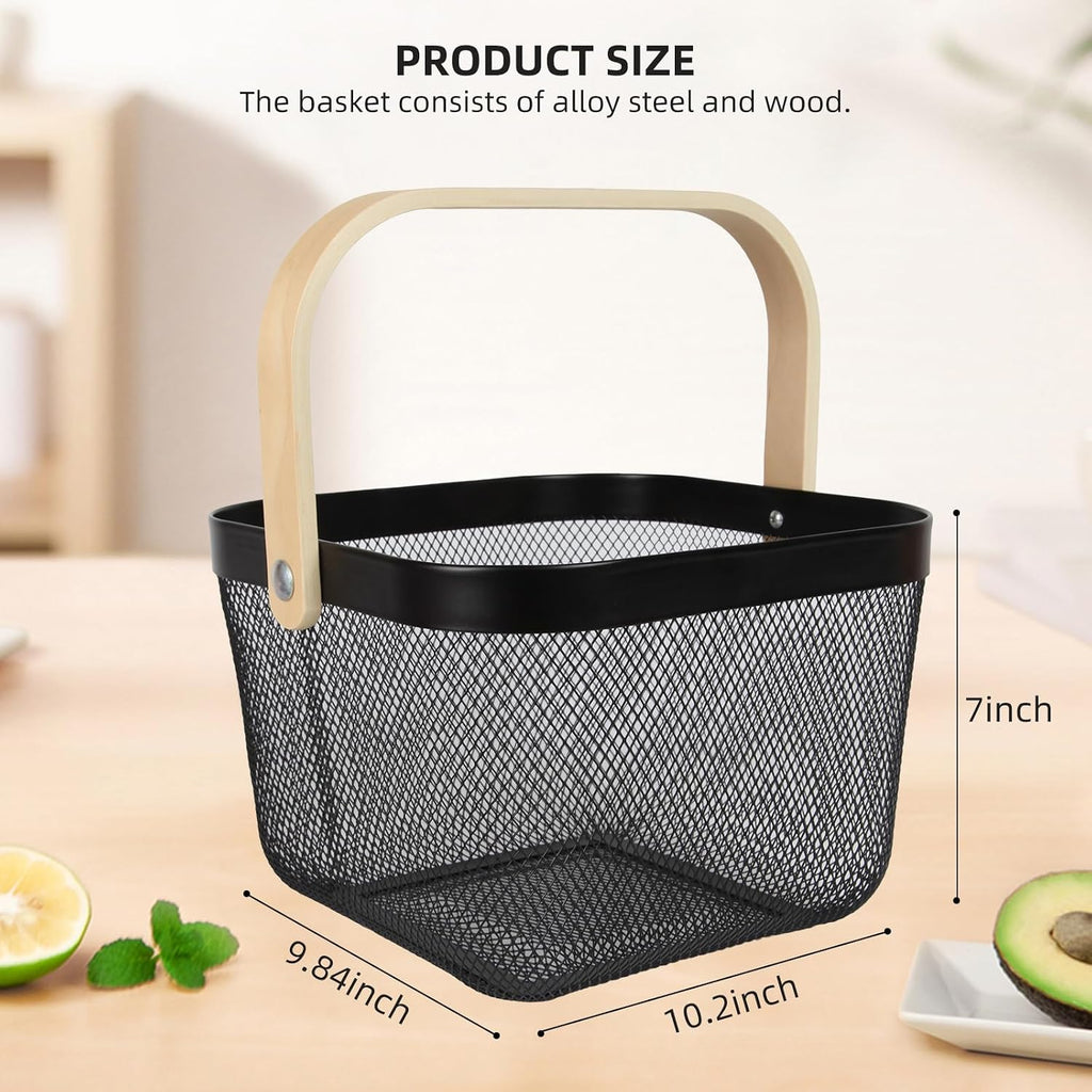 Mesh Steel Harvest Basket with Wood Handle,Hanging Kitchen Baskets Outdoor Basket,Harvest Basket for Garden