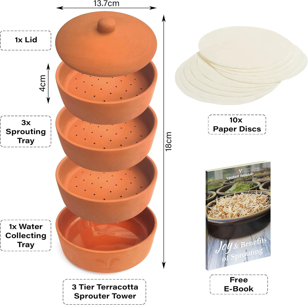 Clay Sprouter Kit | Terracotta Tower with 3 Shallow Germinating Trays, Paper Discs & Free E-Book | 2 in 1 Sprouting