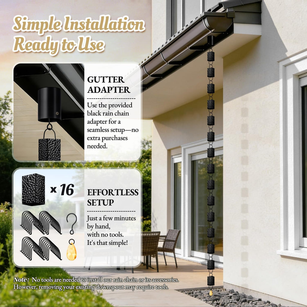 Rain Chains for Gutters Outside Black with Adapter 8.5FT 16 Cups | Square Rain Catcher Chain for Heavy Rain,Rust