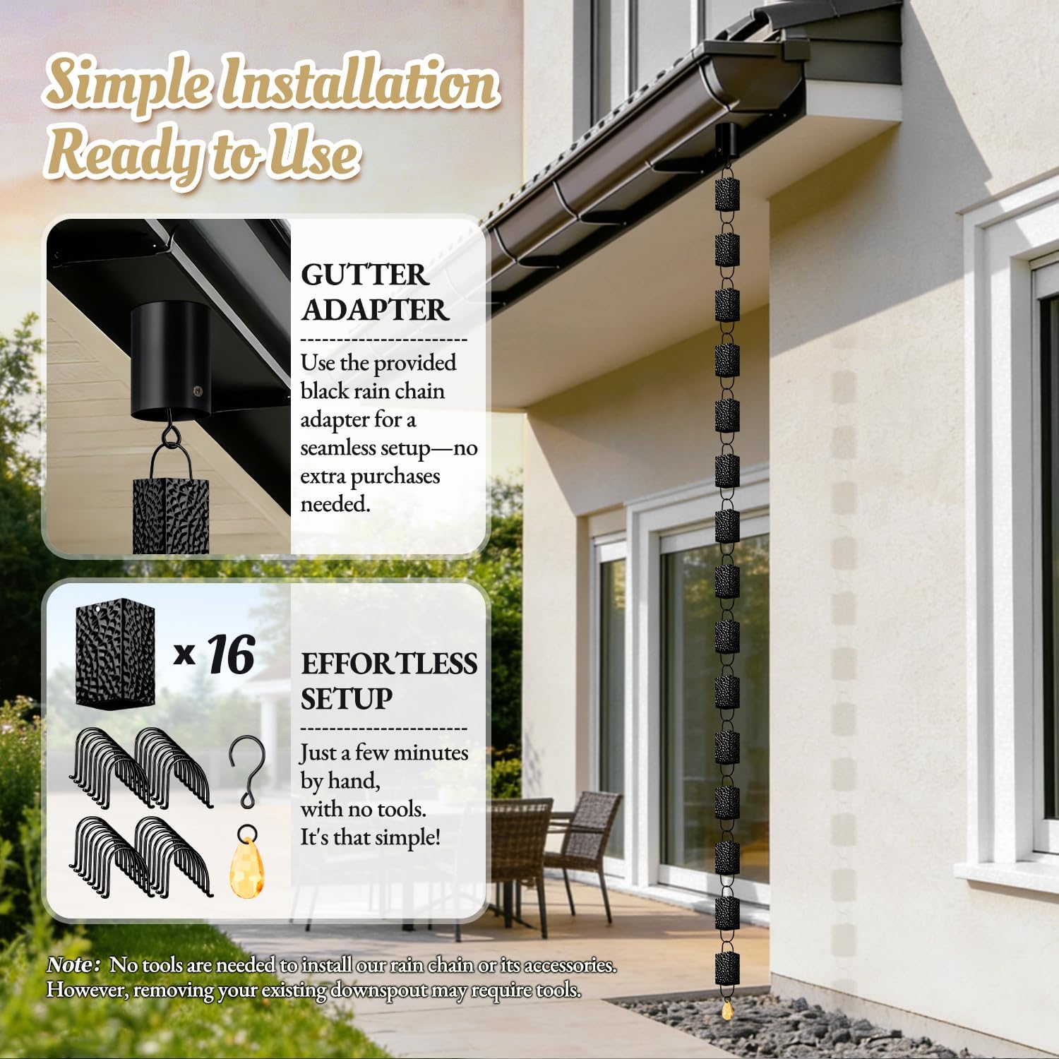 Rain Chains for Gutters Outside Black with Adapter 8.5FT 16 Cups | Square Rain Catcher Chain for Heavy Rain,Rust
