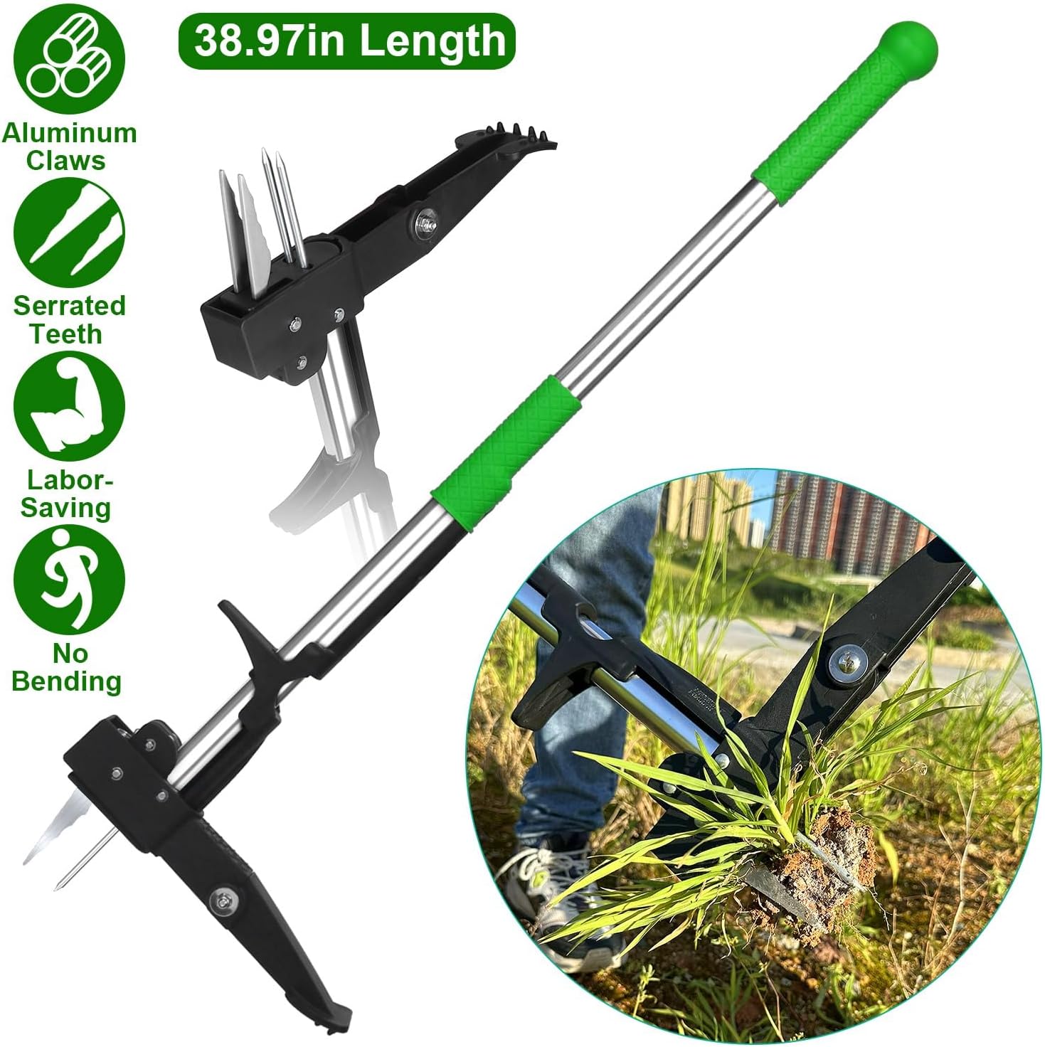 Weed Puller 38.97in Aluminum Weed Puller Stand Up Weeder Without Bending Kneeling Manual Weed Remover Tool with 4 Claws