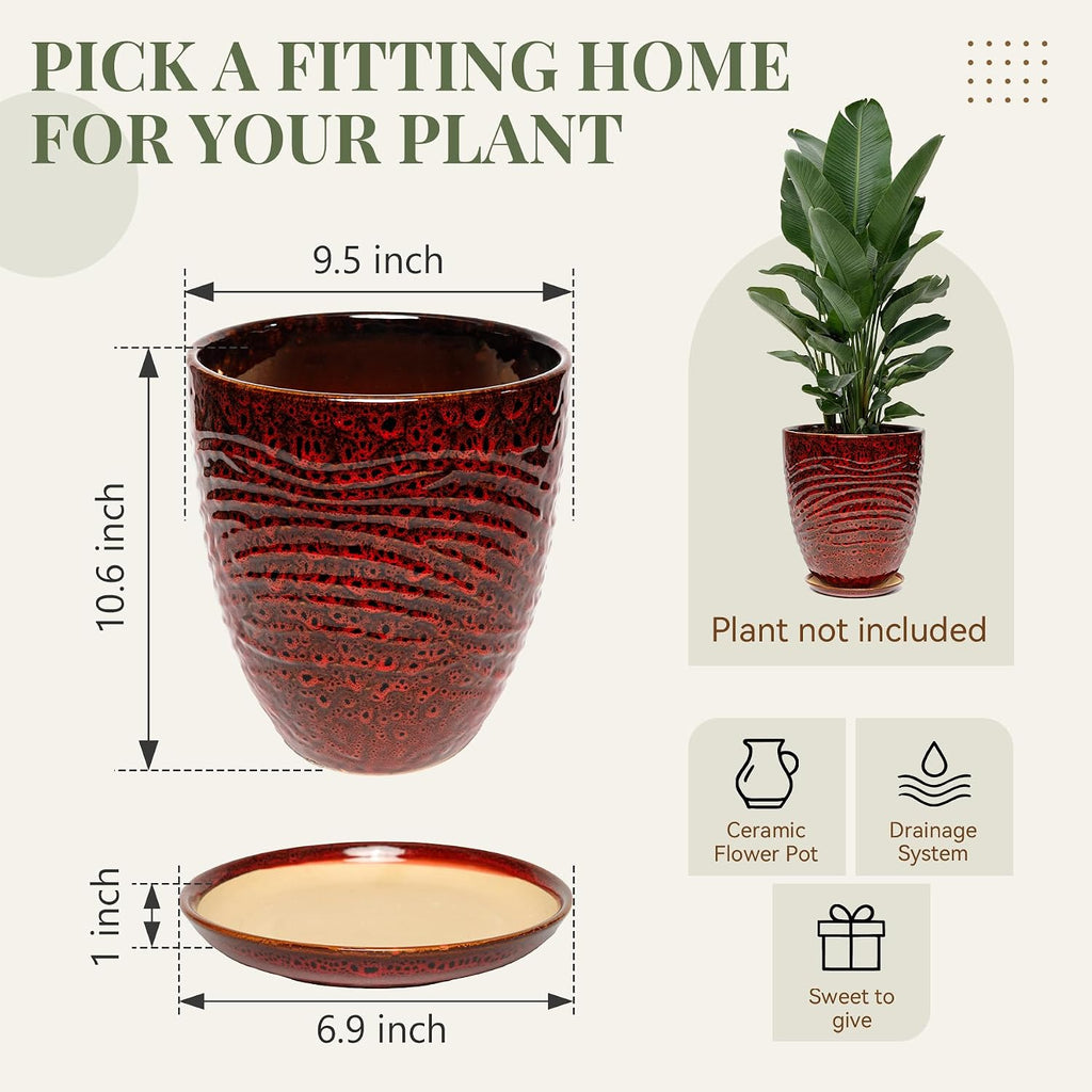 9.5 Inch Modern Ceramic Plant Pot with Saucer, Flower Pot with Drainage Hole Mesh Net,Indoor Outdoor Planter (Speckle