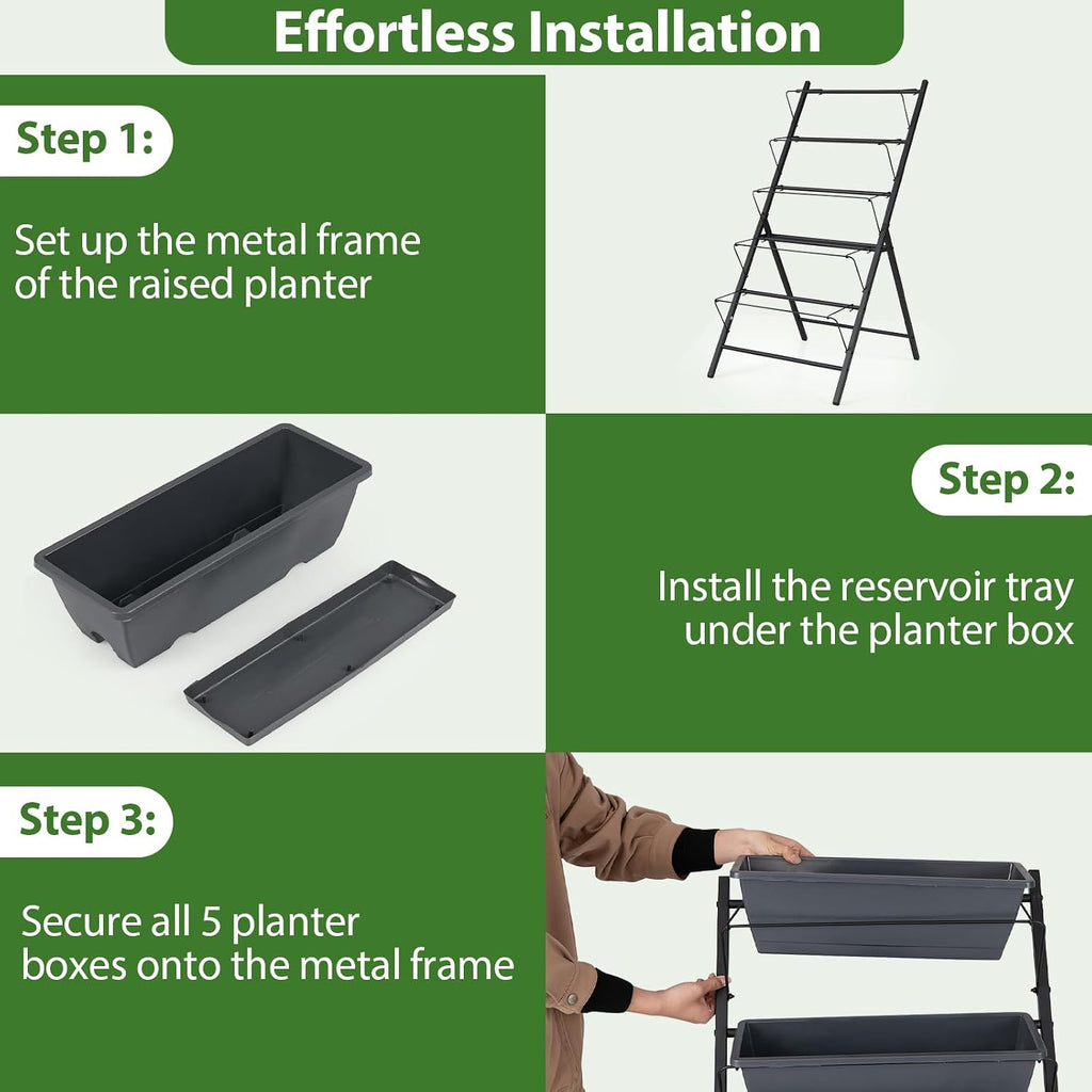 GIANTEX 5 Tier Vertical Planter Set of 2, Raised Garden Bed with Drainage Holes & Removable Trays, Metal Frame Elevated
