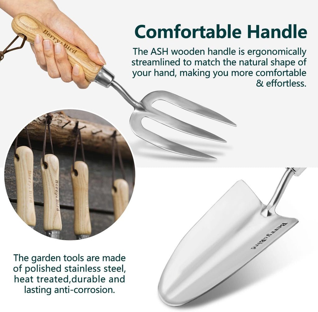 Berry&Bird Garden Tool Set- 3PCS Stainless Steel Gardening Tool Sets with Wooden Handle Trowel Weeding Fork & Digging