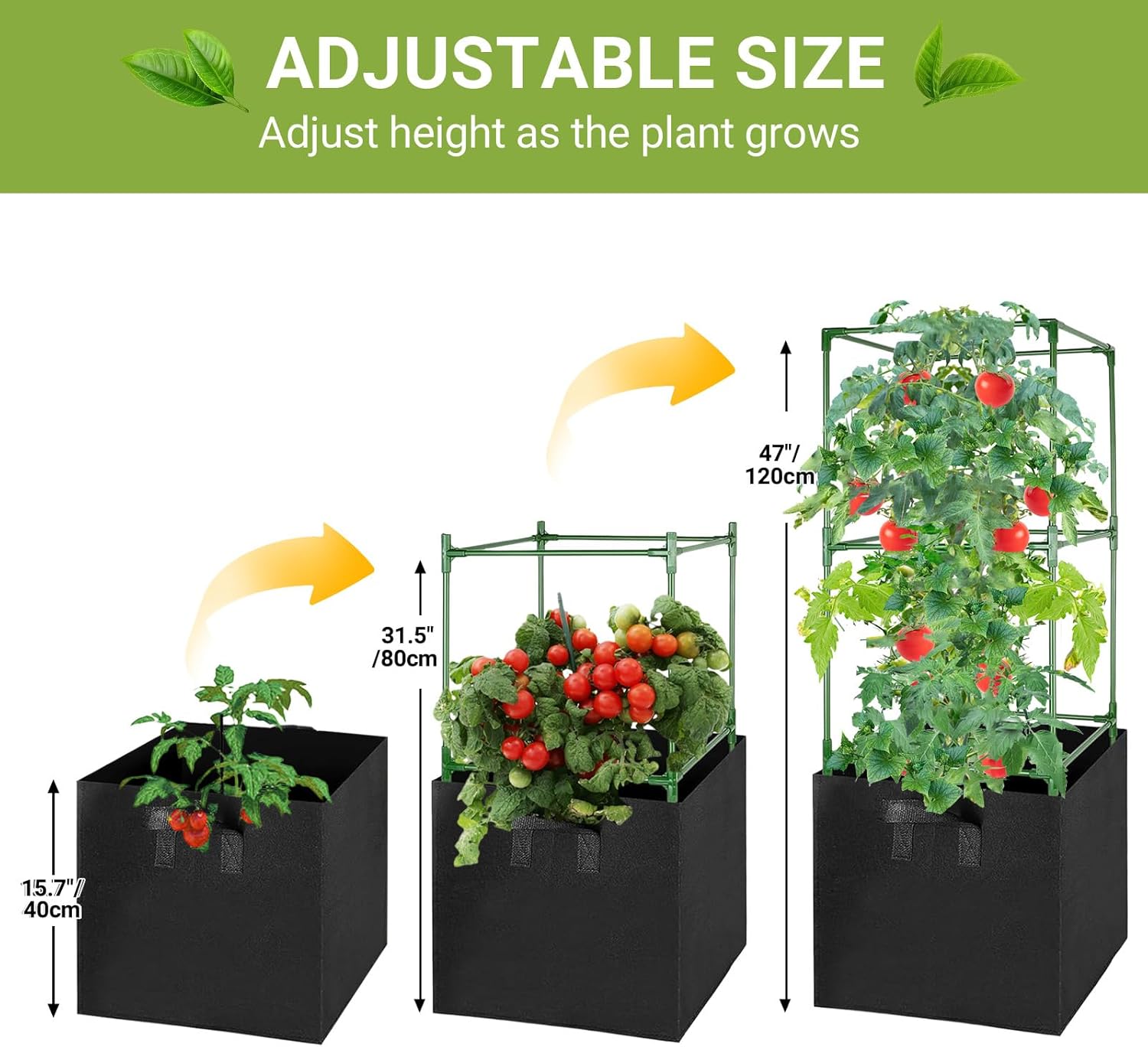 3 Pack Tomato Cages with 17 Gallon Grow Bags, 47” Heavy Duty Square Tomato Plant Stakes Support Cages Trellis for