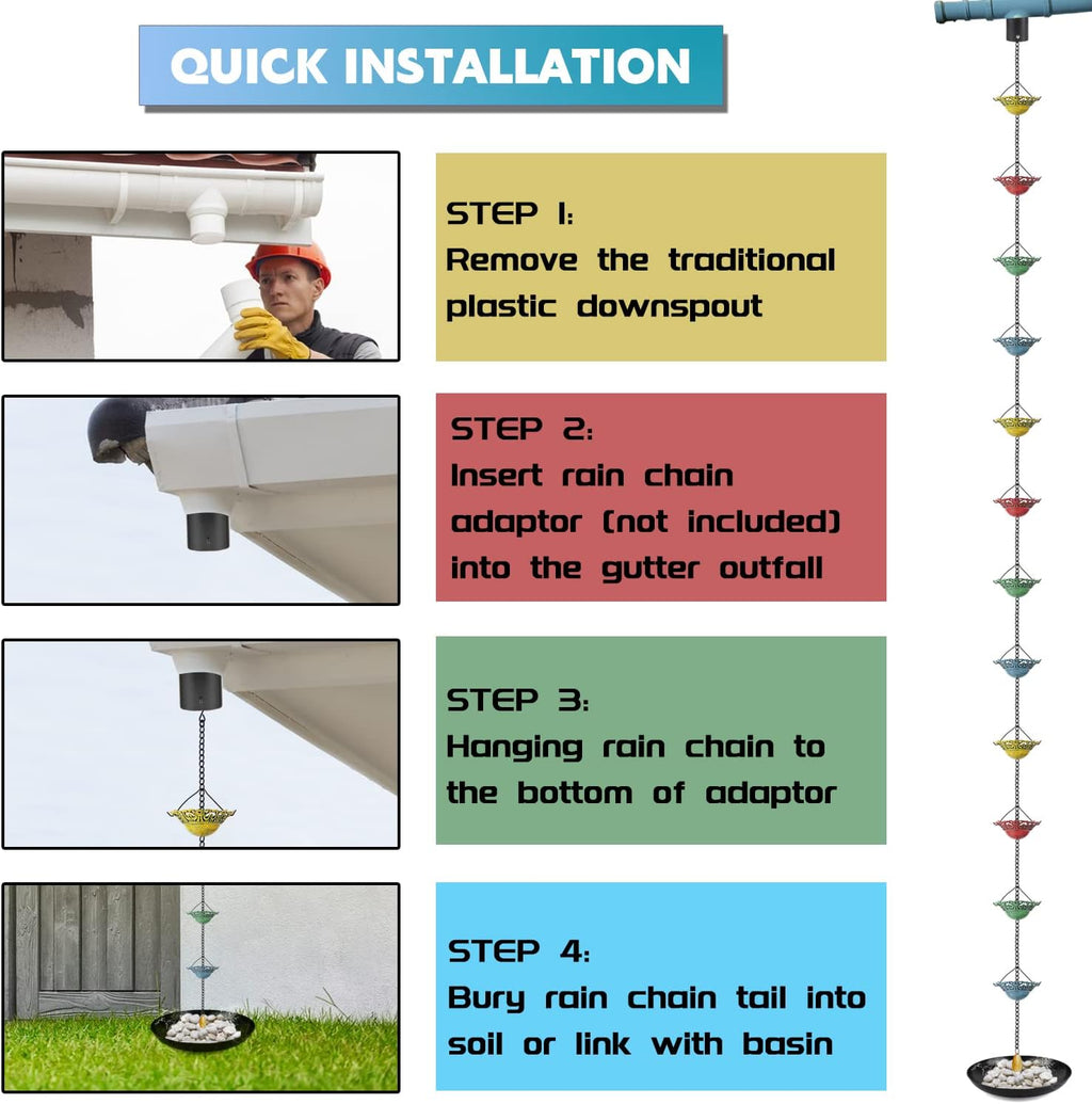 8.5 FT Colorful Rain Chain with 12 Cups for Gutters Downspouts Outside | Metal Material, Large Opening to Avoid