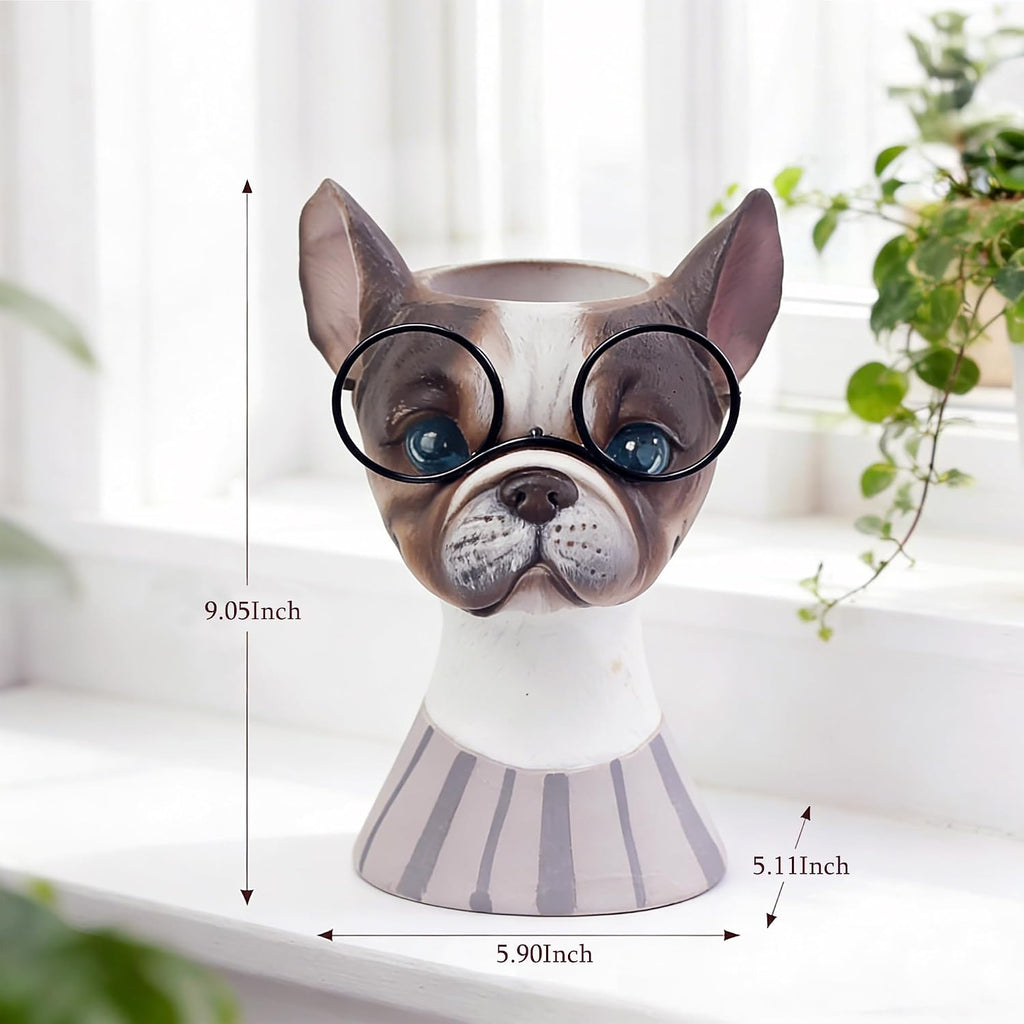 Made Funny Face Dog Flower Pots with Glasses - Standing Resin Planter Pot | YOUERDA; for Succulent & Trailing Plants