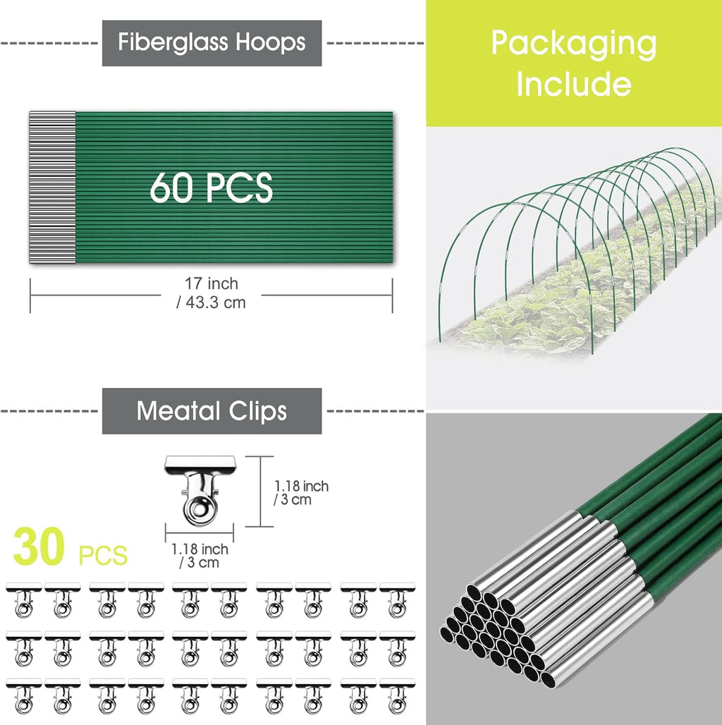 RIFNY 60 PCS Garden Hoops for Raised Beds, Greenhouse Hoops for Row Cover | Long Grow Tunnel, Rust-Free Fiberglass