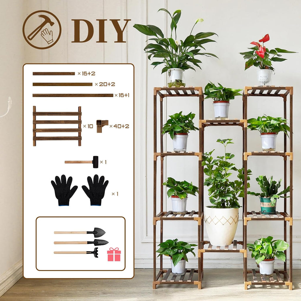 Plant Stand Indoor Outdoor, Tall Plant Shelf for Multiple Plants, 10 tiers 11 Pot Large Plants Holder Rack Wood Plant
