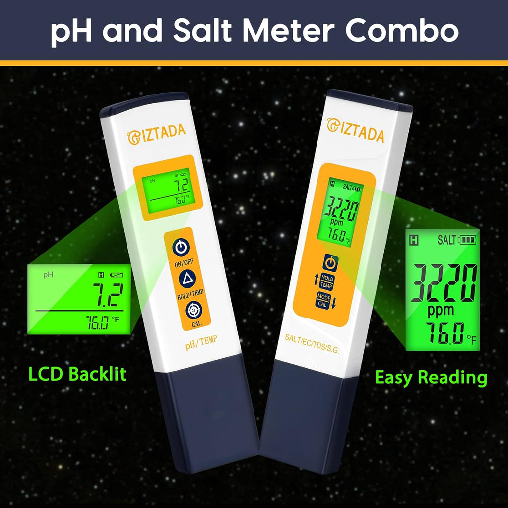 pH Meter and Salinity Tester Combo for Saltwater Pool and Aquarium | 6 in 1 pH Salt SG EC TDS Temp Meter for Reef
