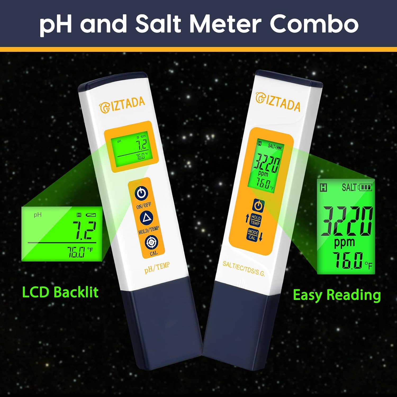 pH Meter and Salinity Tester Combo for Saltwater Pool and Aquarium | 6 in 1 pH Salt SG EC TDS Temp Meter for Reef