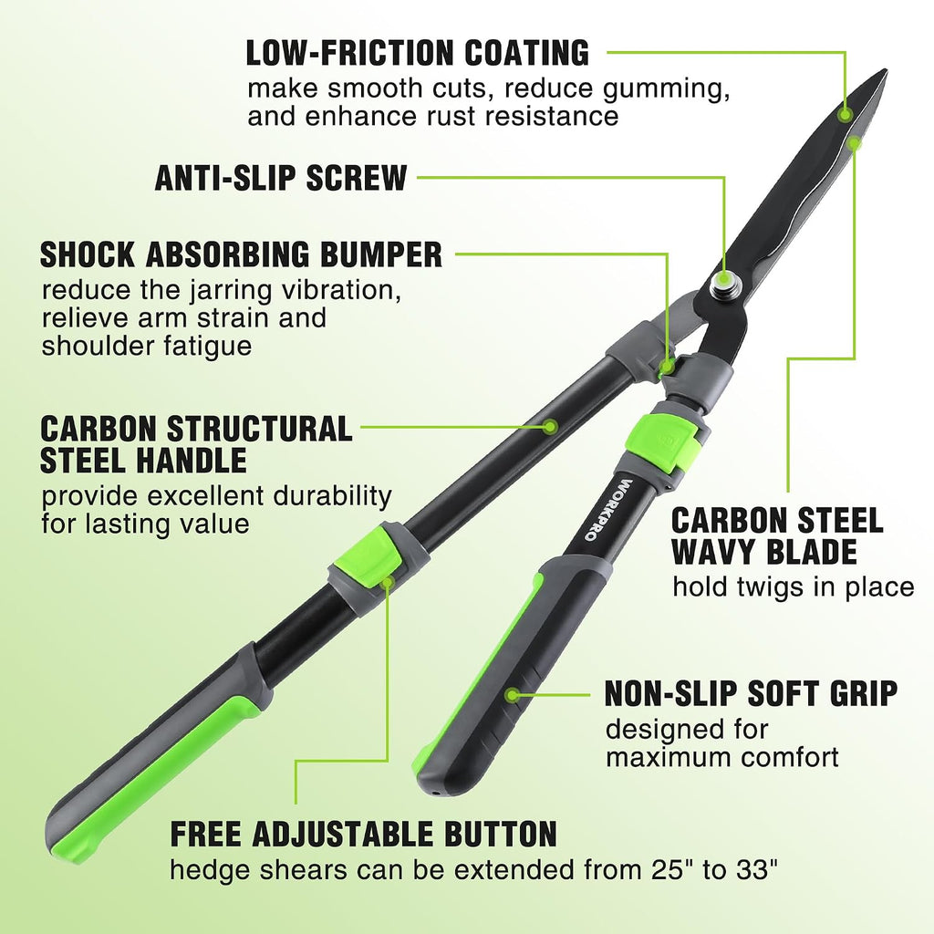 WORKPRO Extendable Hedge Shear, 25"-33" Manual Hedge Clipper/Bush Cutter | Gardening Shears, Steel Wavy Blade, Shock