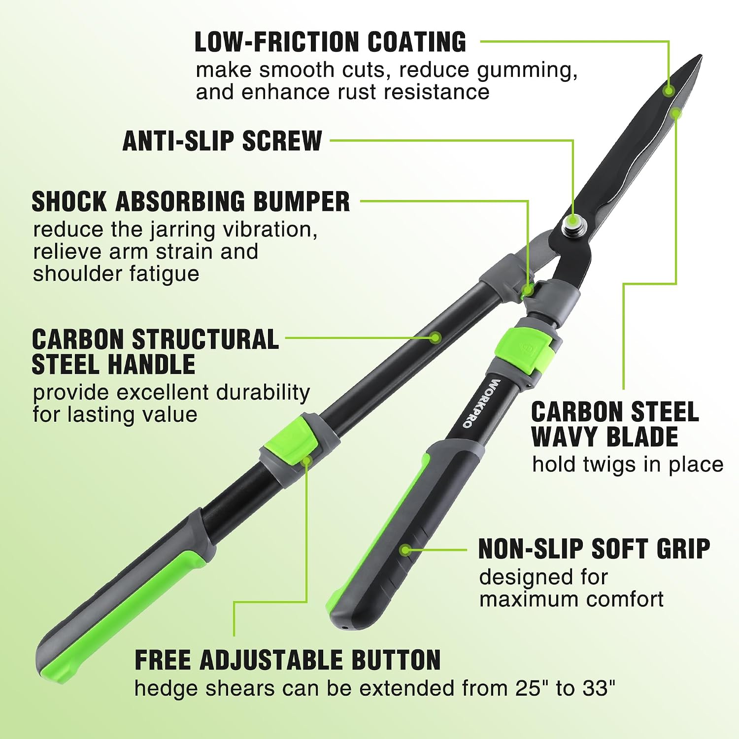 WORKPRO Extendable Hedge Shear, 25"-33" Manual Hedge Clipper/Bush Cutter | Gardening Shears, Steel Wavy Blade, Shock