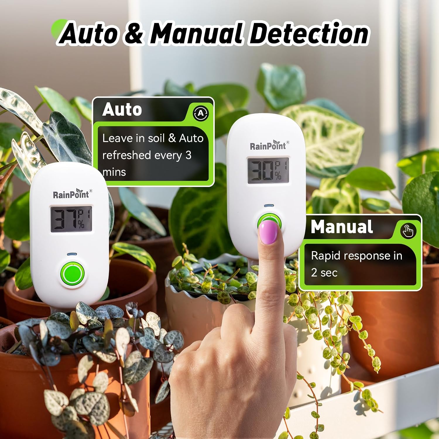 RAINPOINT Light-Driven Thermo-Hygrometer & Smart Digital Wireless Soil Moisture Meter (WiFi Hub Needed) Kit, Real-time