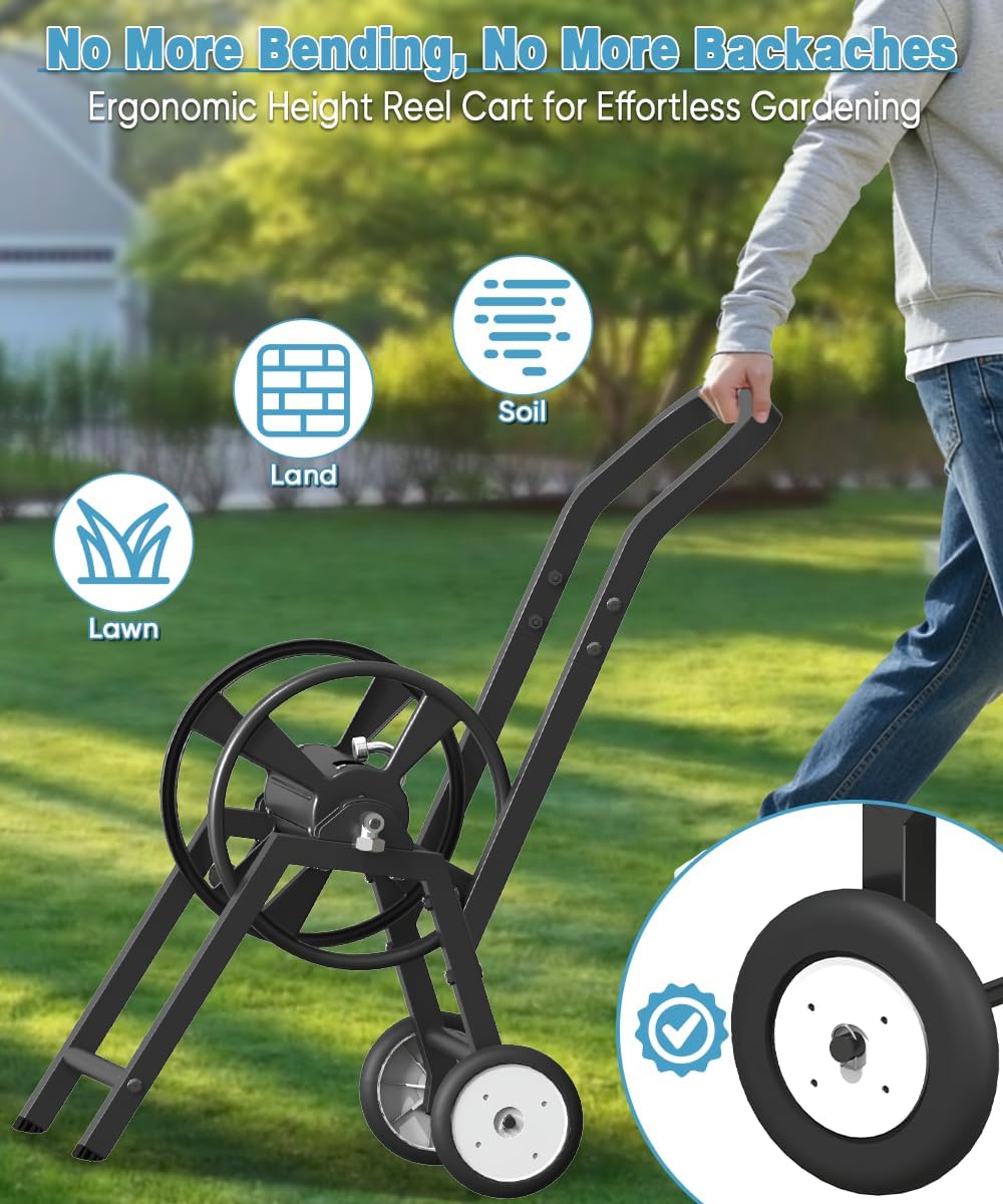 Garden Hose Reel Cart with Wheels, Holds 165 ft of 5/8’’ Hose Outdoor Heavy Duty Powder-coated Steel Water Storage