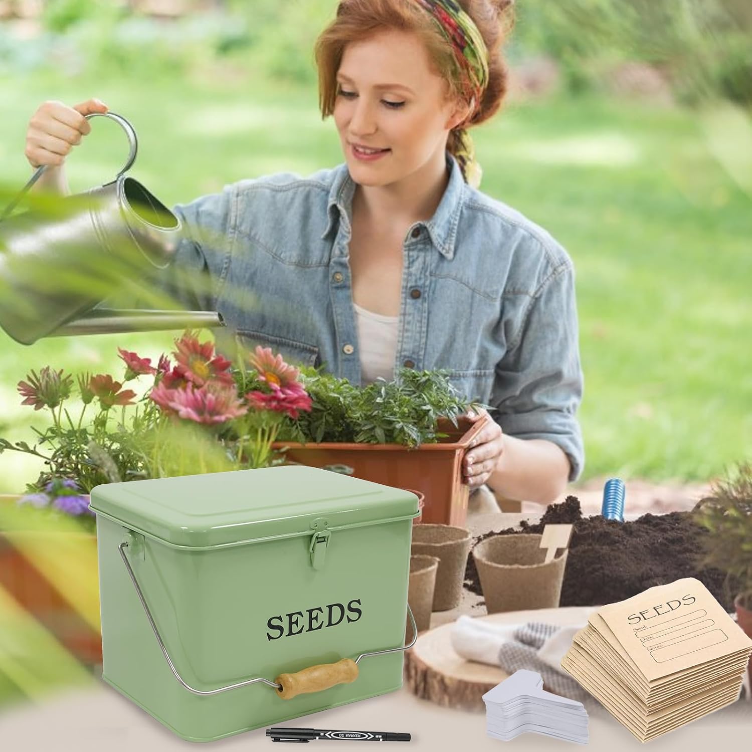 Seed Storage, Metal Seed Box with Safety Lock & Handle, 3 Dividers Seed Organizer Seed Container Storage, Professional