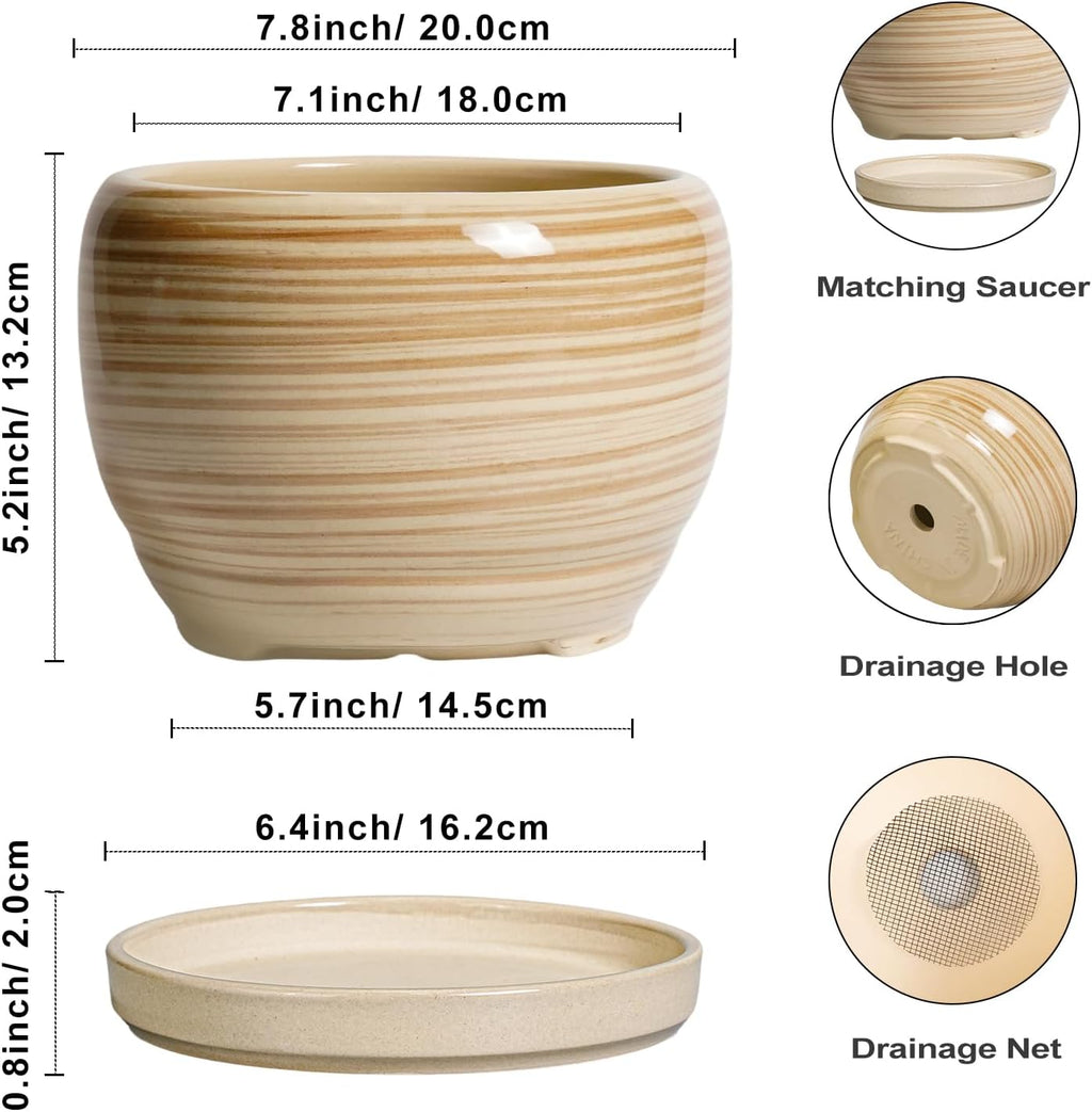 SQOWL Ceramic Planter- 8 Inch Plant Pot Indoor Outdoor, Round Planter with Drainage Hole and Plant Saucer, Decorative