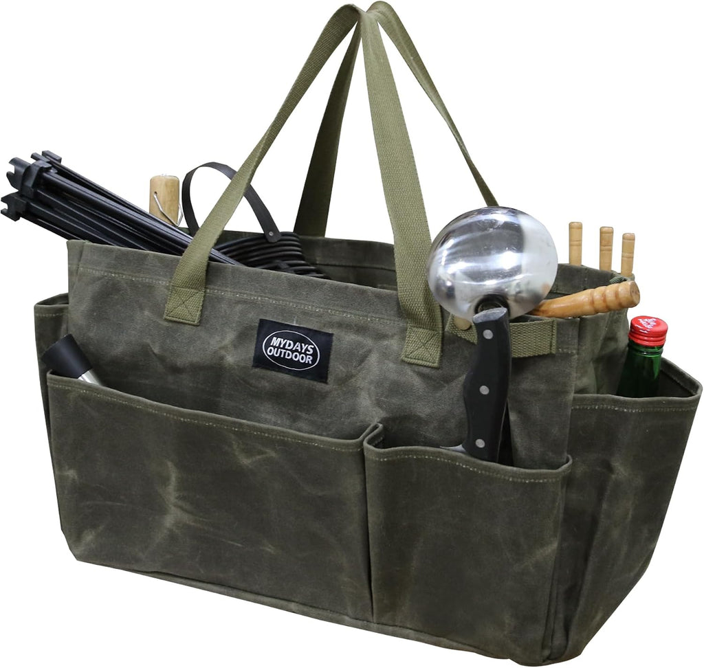 Portable Garden Camping Tool Storage Bag,Waxed Canvas Firewood Carrier Tote bag,Collapsible Sturdy Garden Basket Great