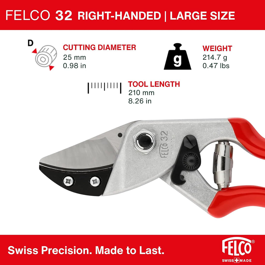 Felco F32 Pruning Shears – 8.3" Garden Clippers with Anvil Blade for Woody Stems | Hand Pruners for Gardening | Garden