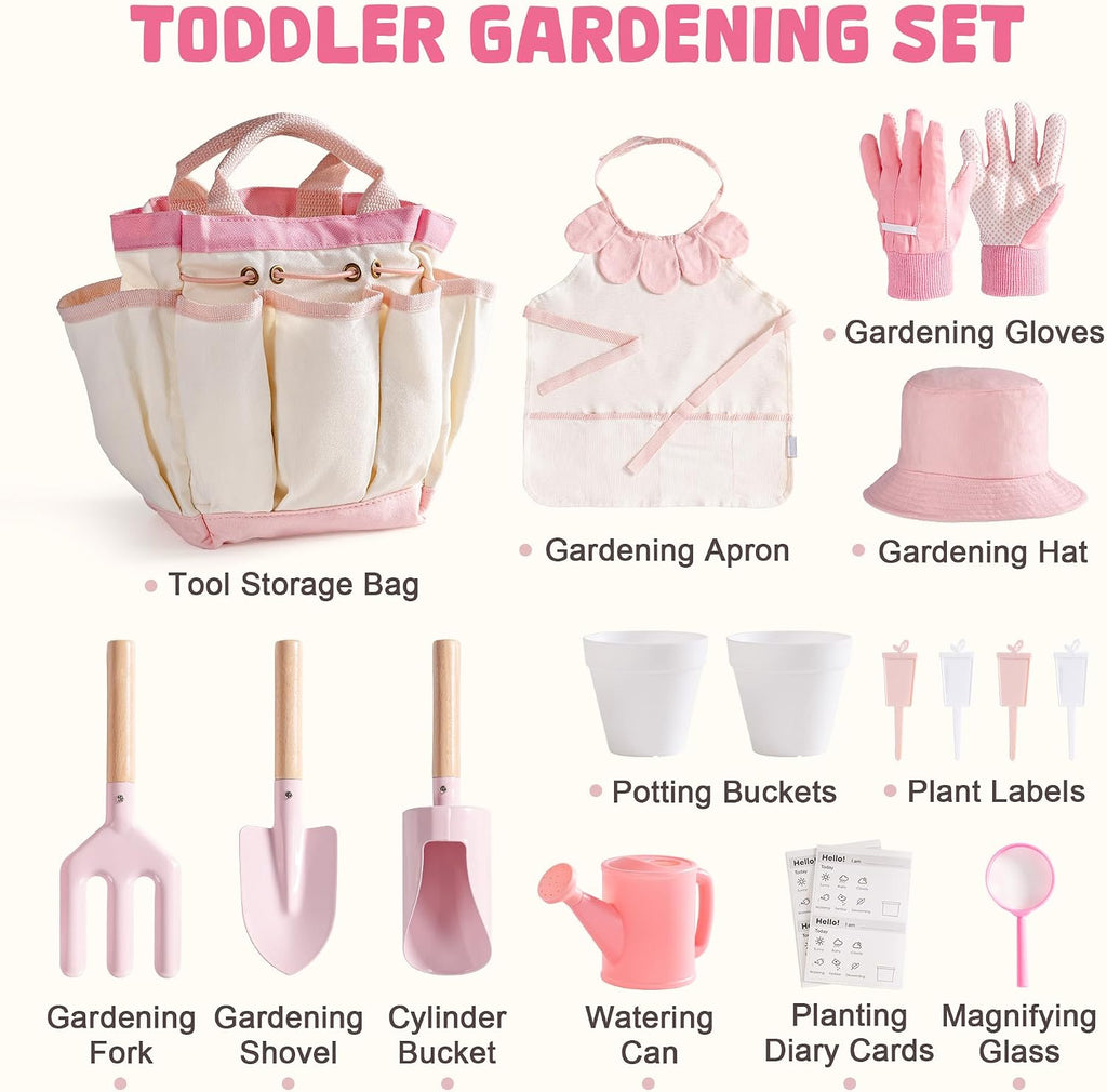 ROBOTIME Kids Gardening Set, 17PCS Kids Gardening Tools for Girls, Toddler Gardening Set with Hat, Apron, Gloves