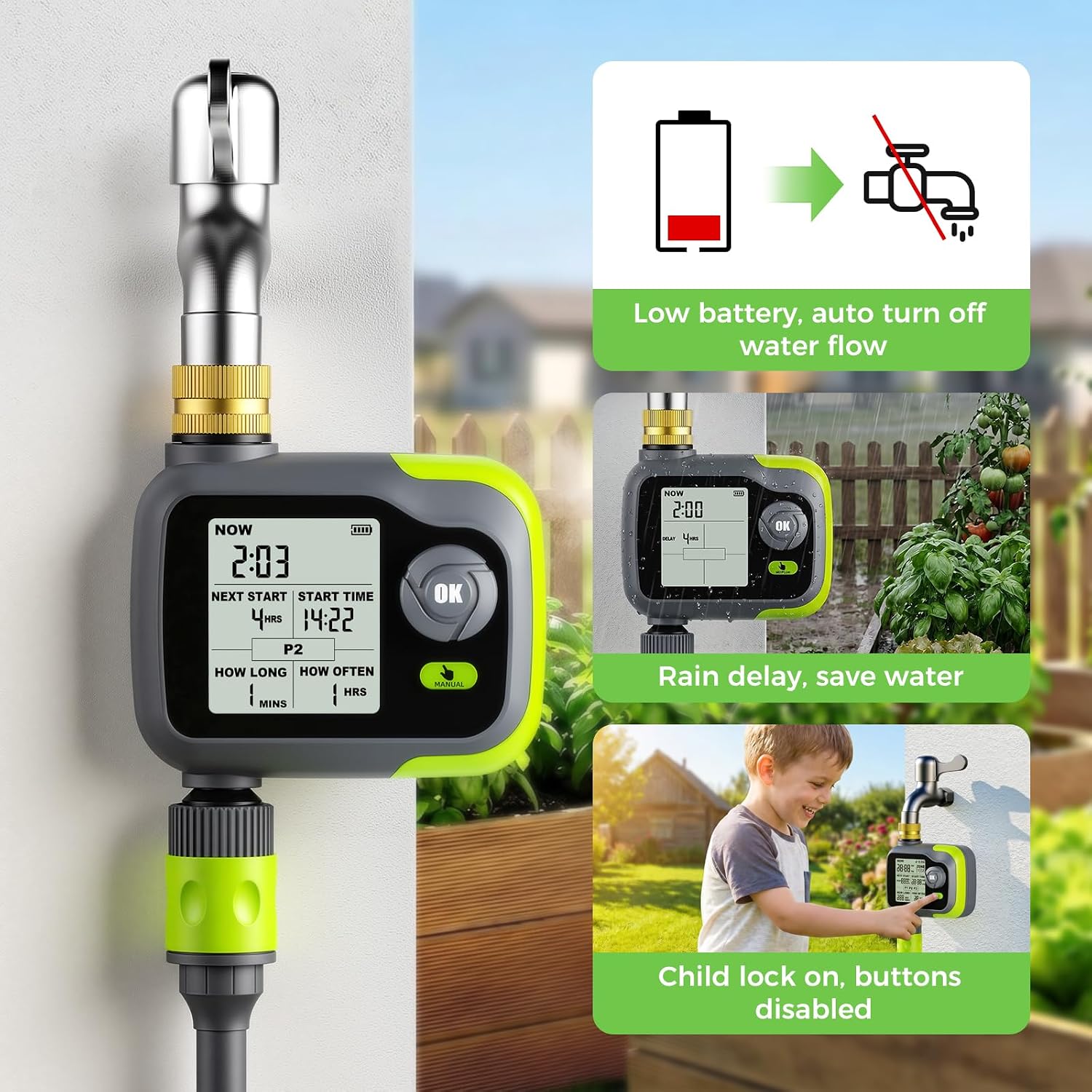 Sprinkler Timer, Watering Timer Brass Inlet for Garden Hose, Programmable Hose Timers w/Rain Delay, Outdoor Soaker