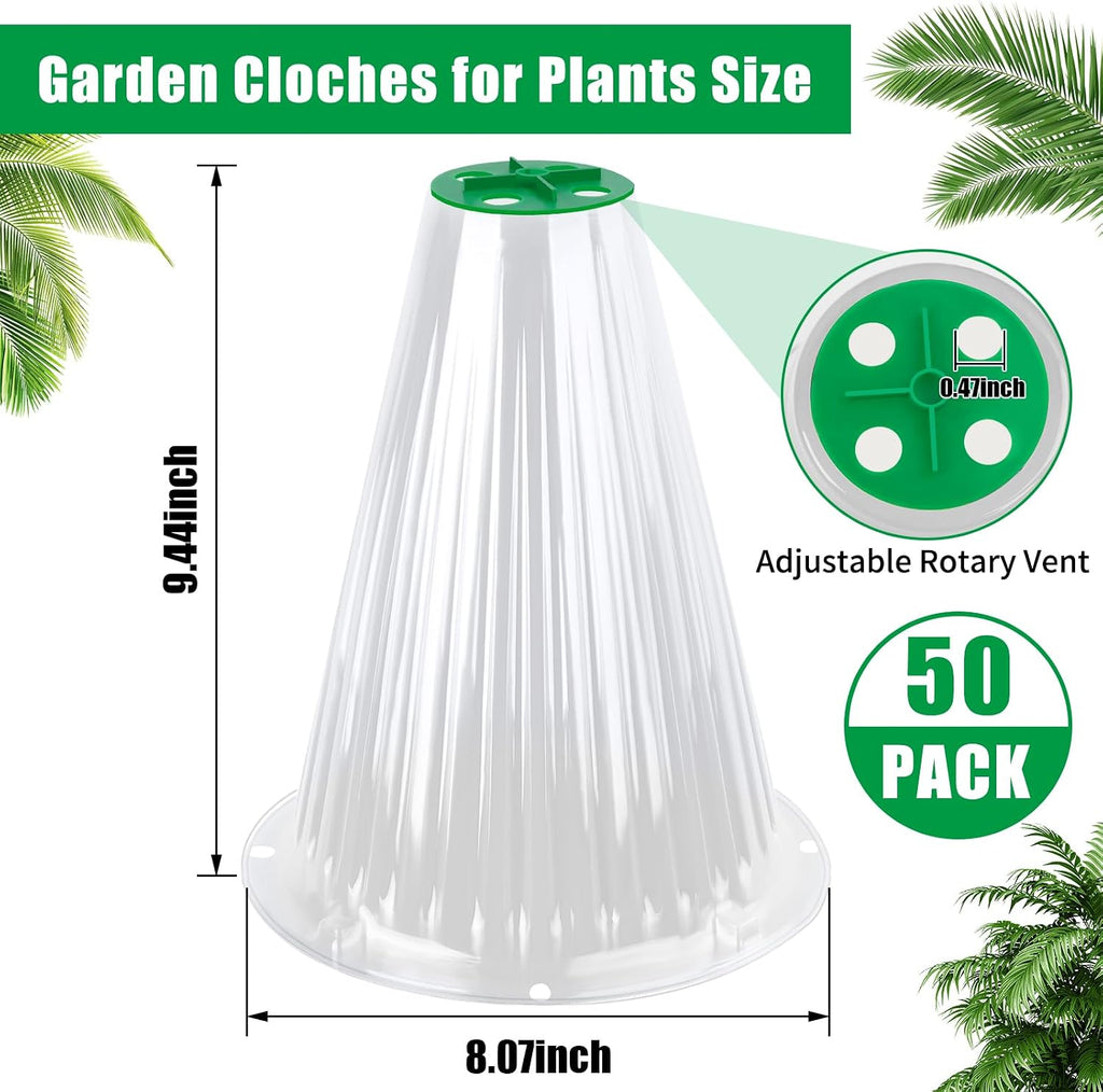 UQM 50 Pack Garden Cloches for Plants with Rotary Vent Cover Reusable | Bell Plant Protector Garden Protection from
